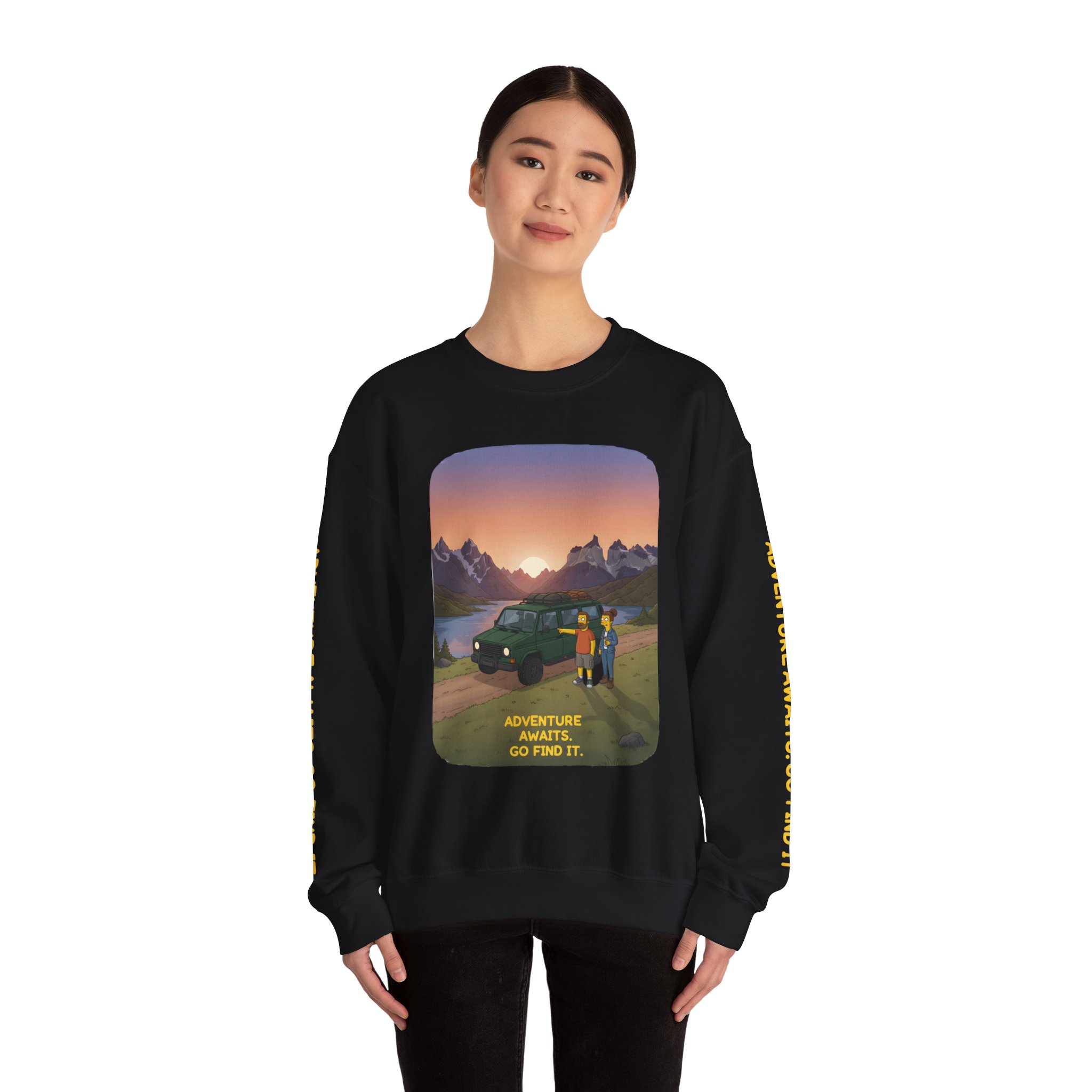 Unisex Heavy Blend™ Crewneck Sweatshirt — "Adventure Awaits-Go Find It" Design Sitcom-Line