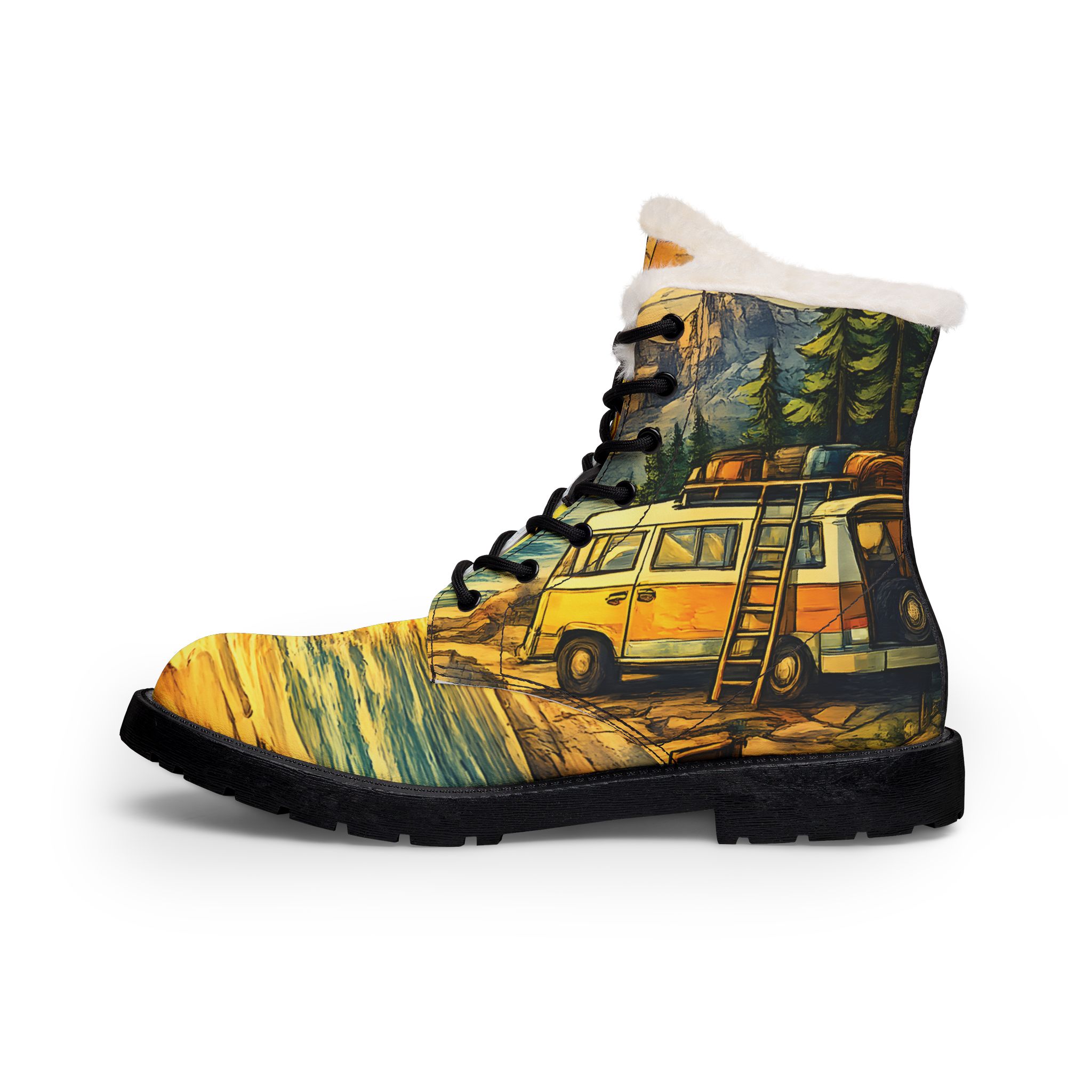 Women's Fur and Leather Boots — Women's Cozy Yellow RV Boots (Cubic-Line)