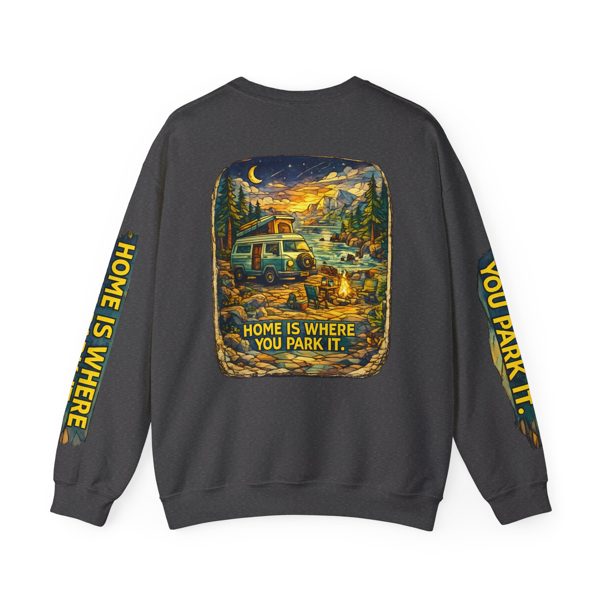 Unisex Heavy Blend™ Crewneck Sweatshirt — "Home Is Where You Park It" Design Cubic-Line