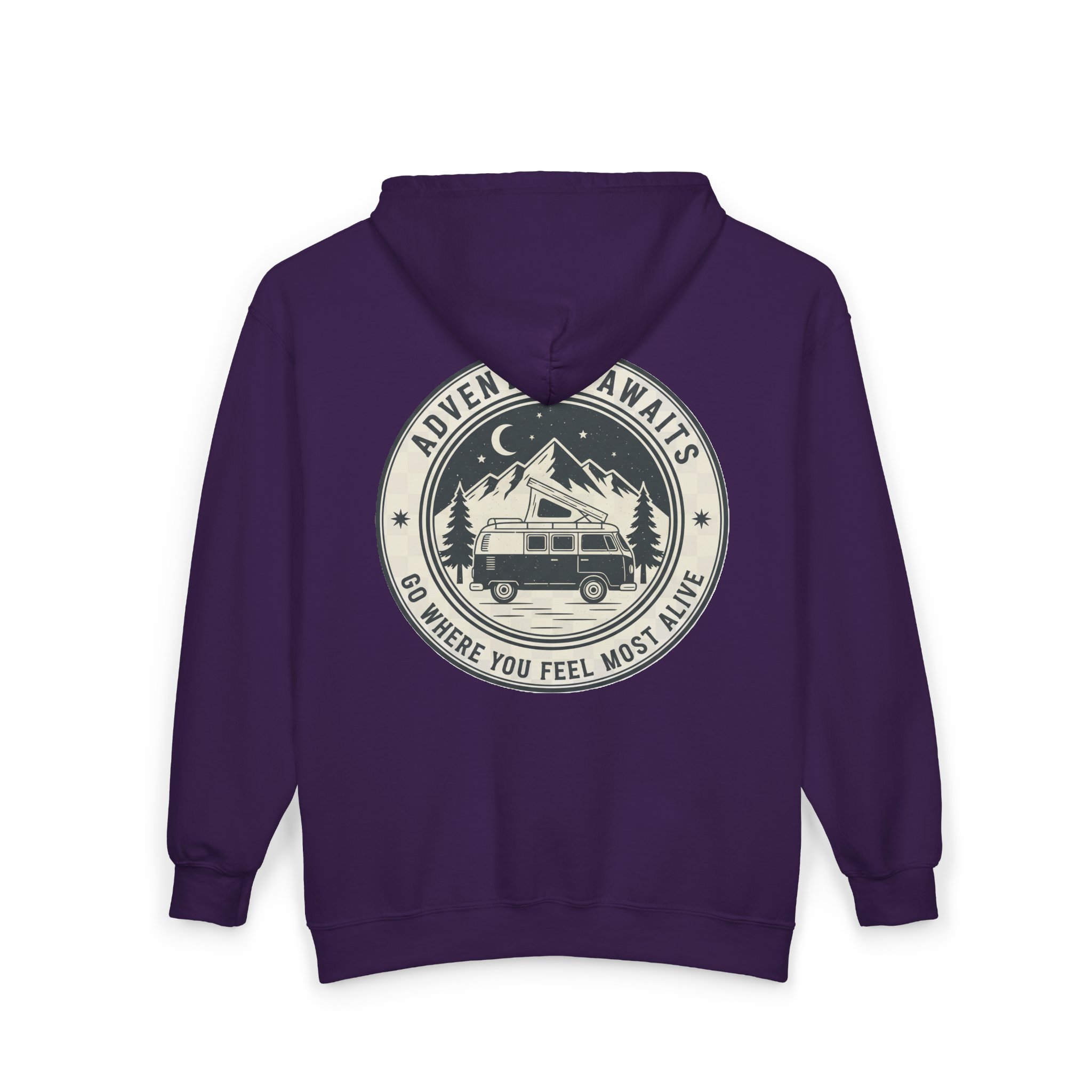 Zip Hoodie — "Adventure Awaits-Go Where You Feel Most Alive" (Only Back Printed) Camper Van Adventure Zip-Up