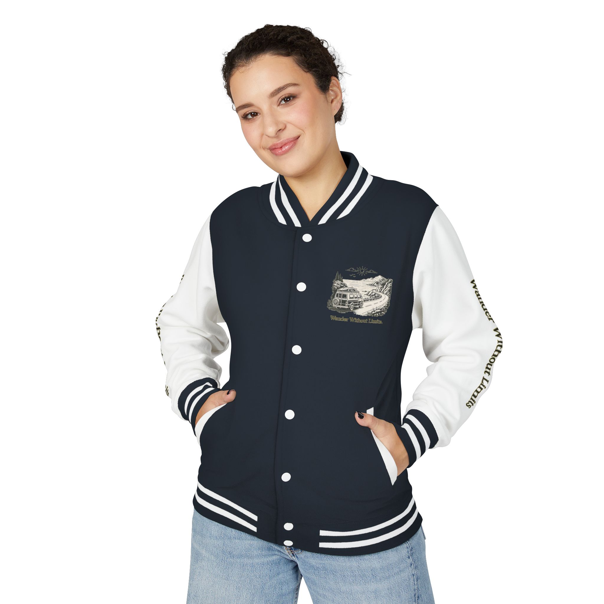 Unisex Heavyweight Letterman Jacket — "Wander Without Limits" Travel Varsity Coat