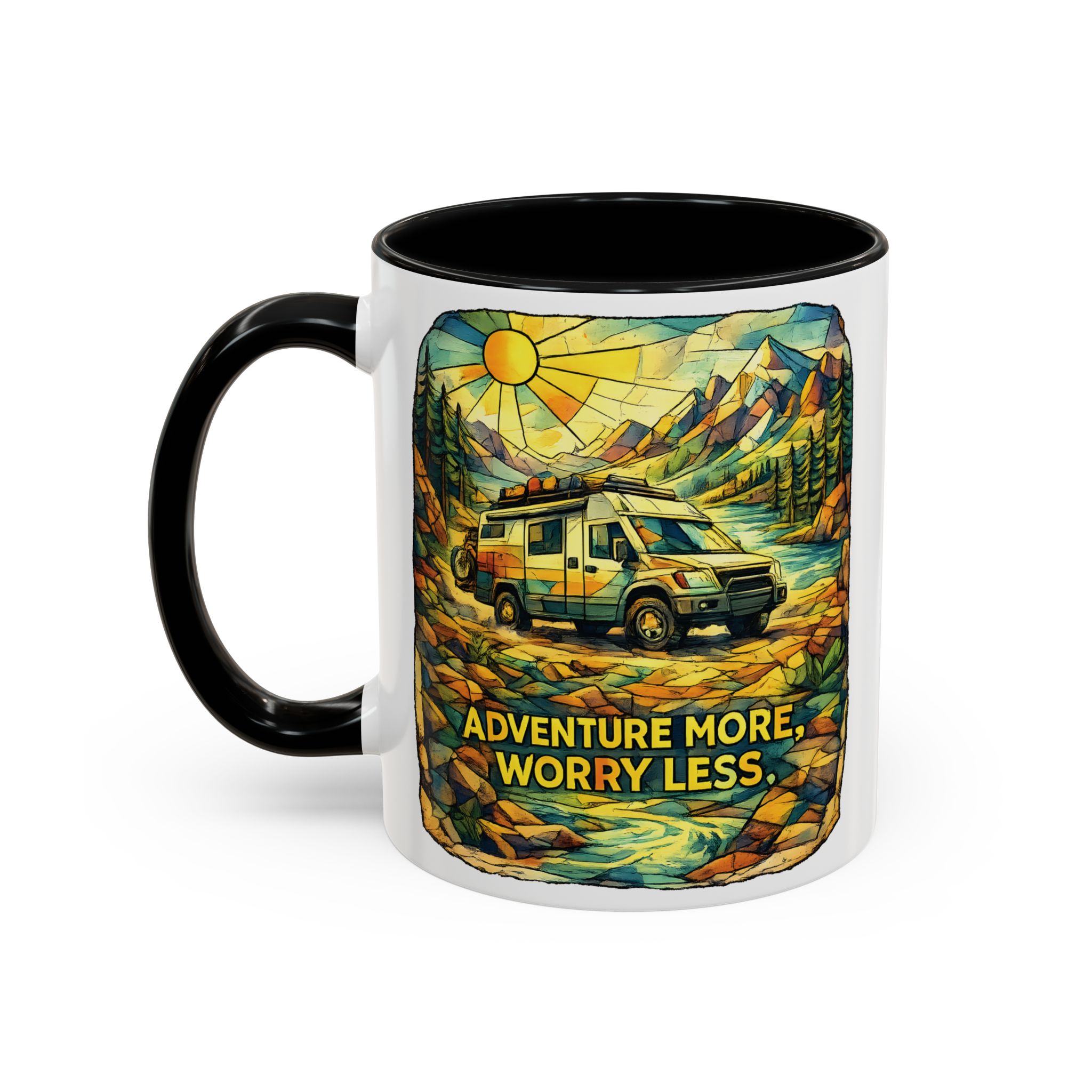 Accent Coffee Mug (11, 15oz) — "Adventure More Worry Less" Design Cubic-Line