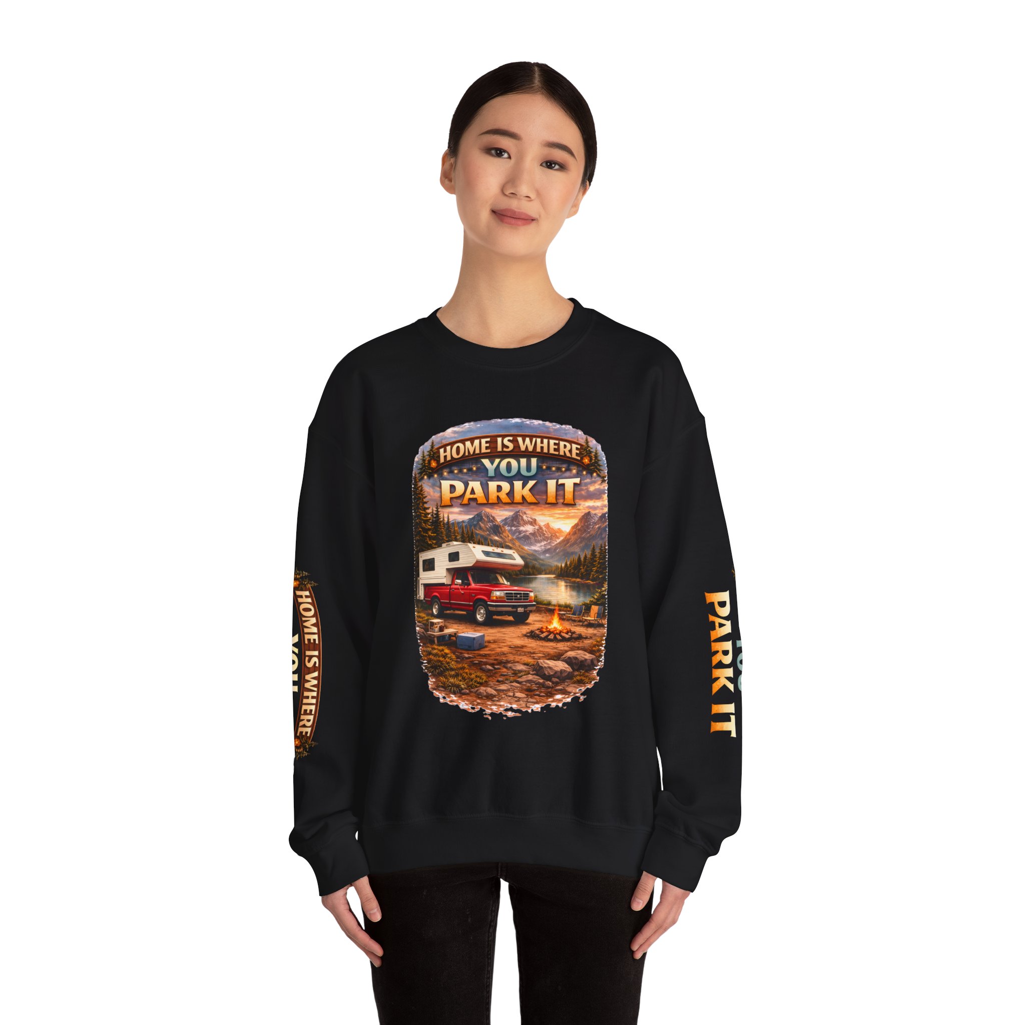 Unisex Heavy Blend™ Crewneck Sweatshirt — "Home Is Where You Park It" Design Scenic-Line