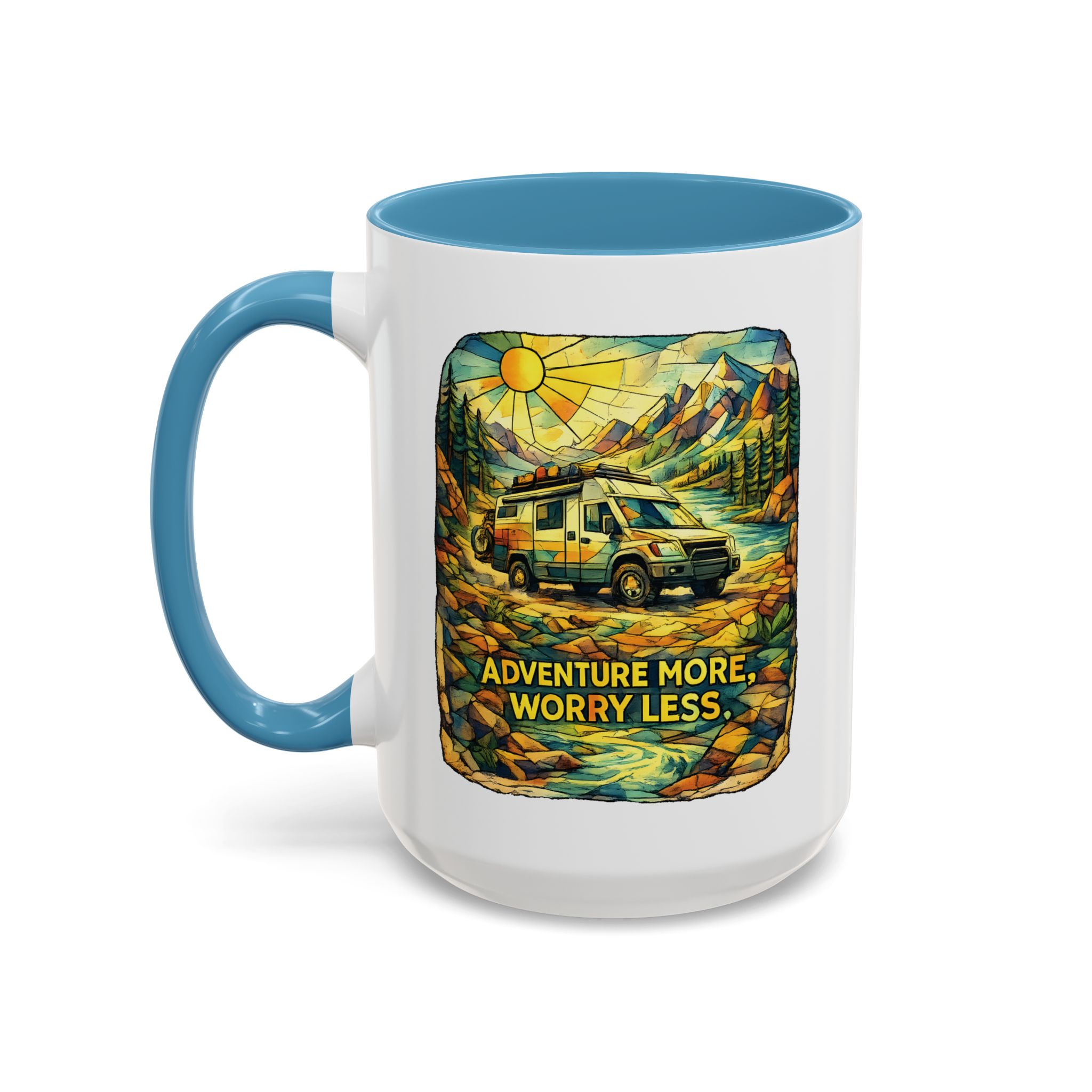 Accent Coffee Mug (11, 15oz) — "Adventure More Worry Less" Design Cubic-Line