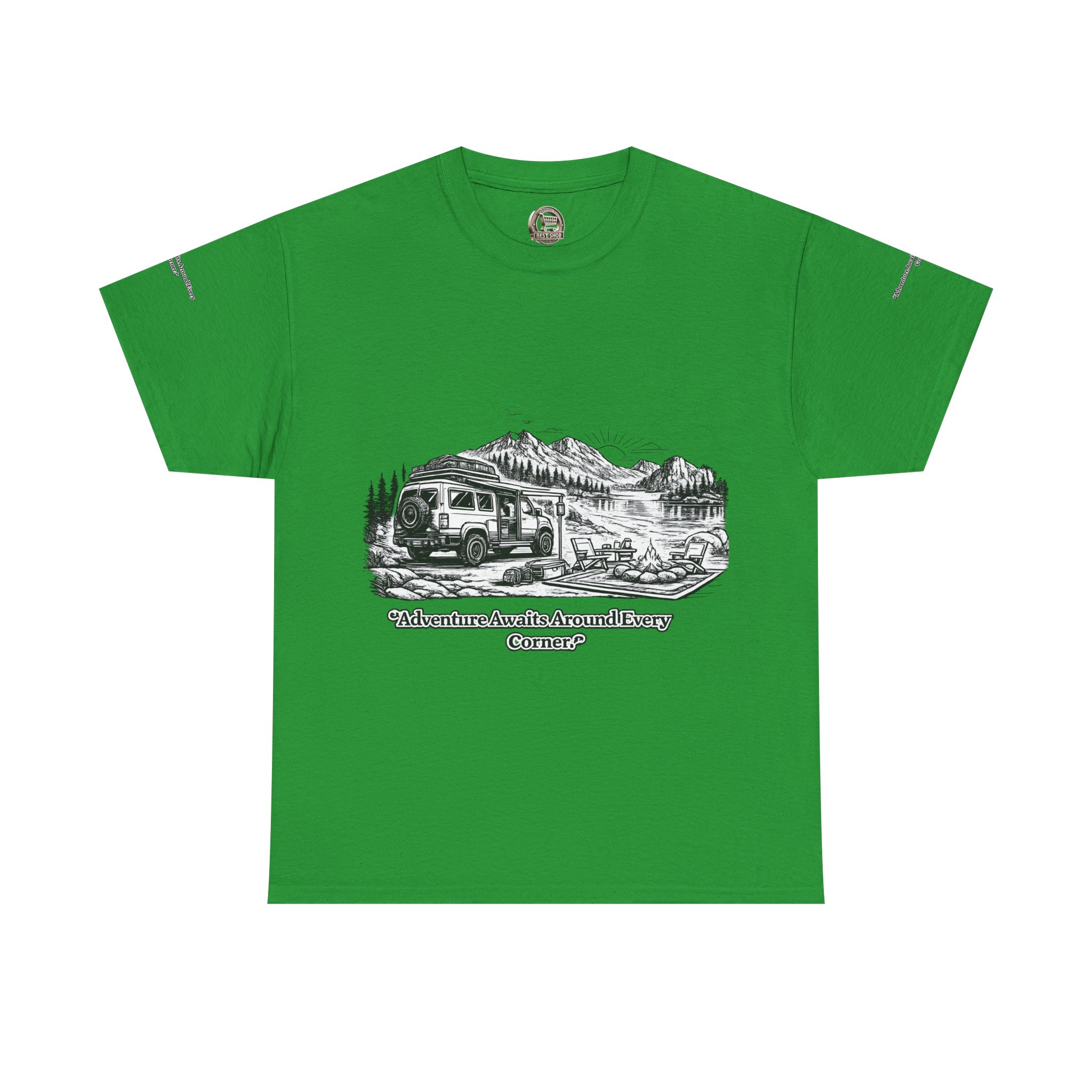 Unisex Heavy Cotton Tee — "Adventure Awaits Around Every Corner" Design Minimal-Line