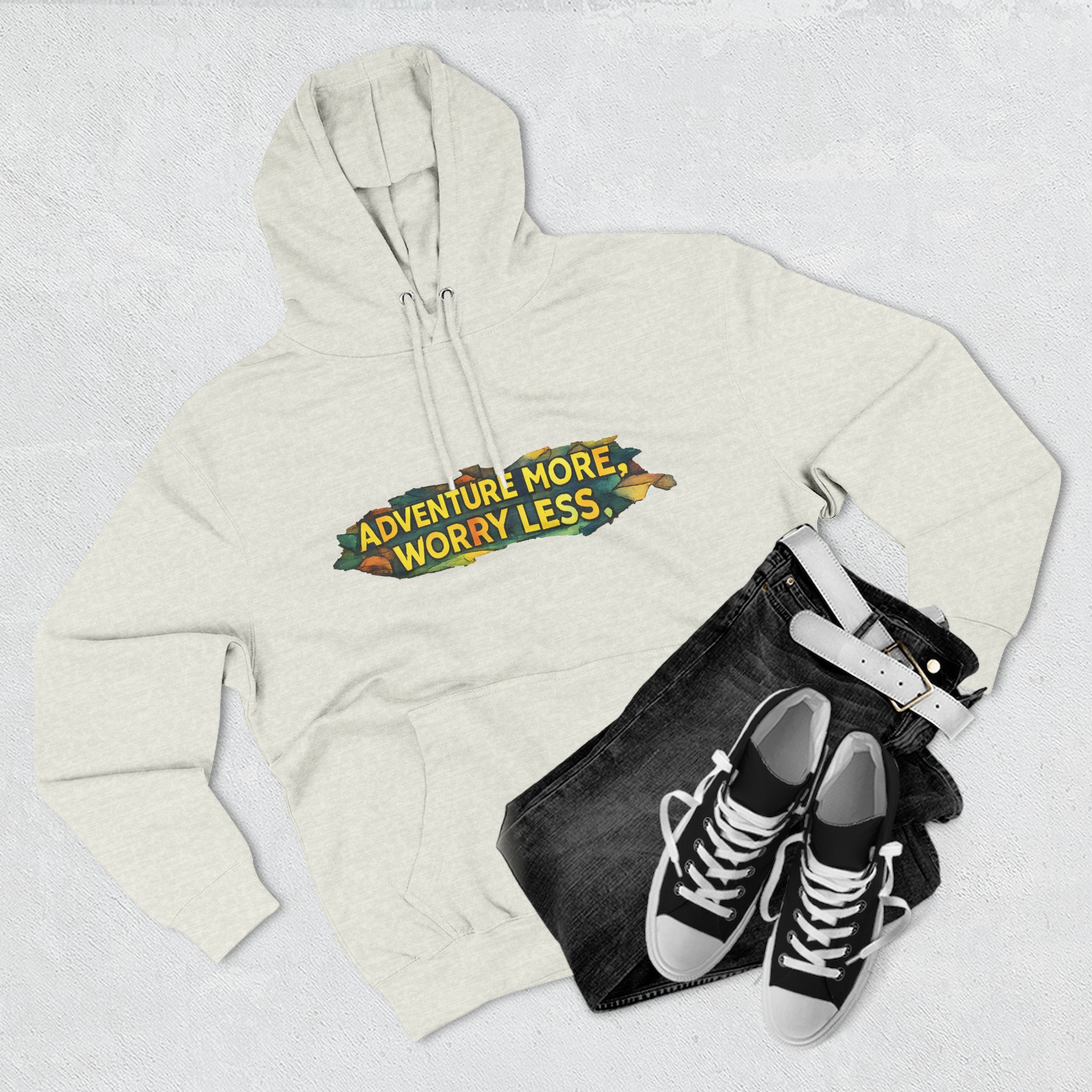 Three-Panel Fleece Hoodie - "Adventure More Worry Less" Design Cubic-Line