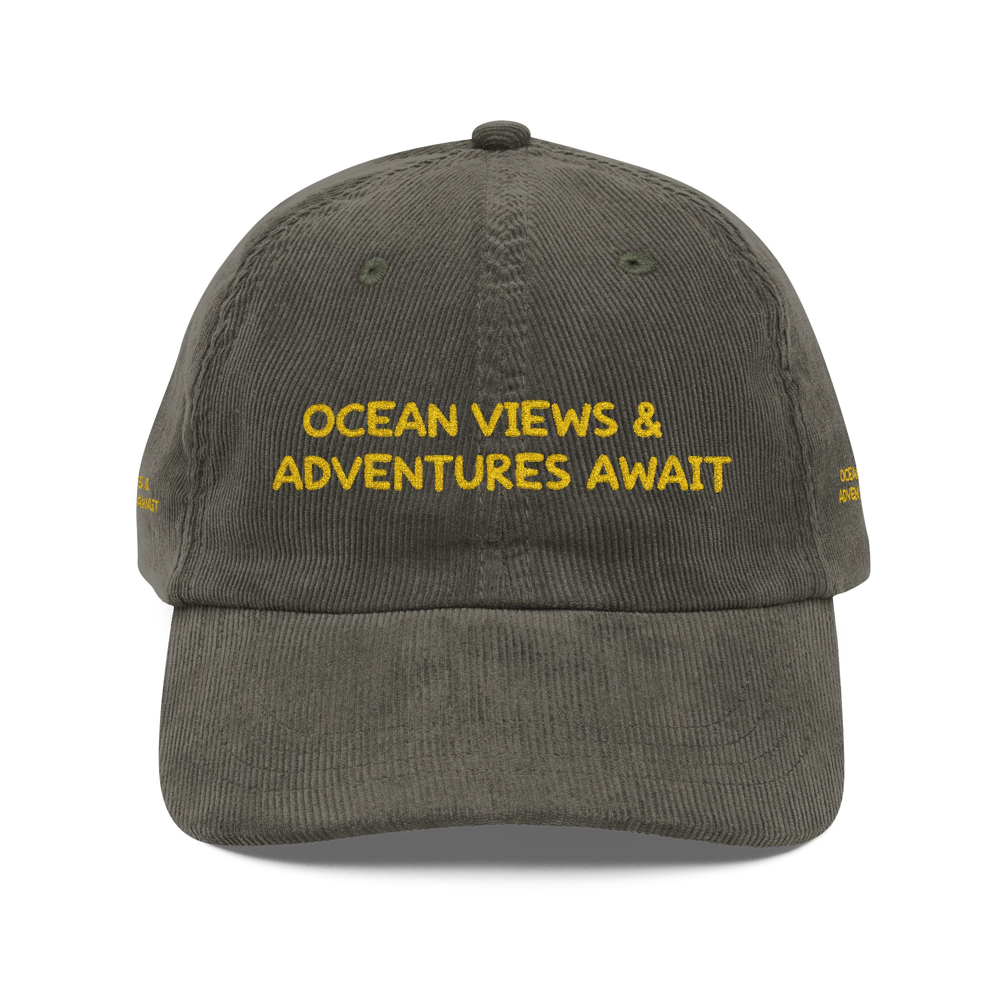 Vintage Corduroy Cap (Embroidery) — "Ocean Views & Adventures Awaits" Embroidered Hat
