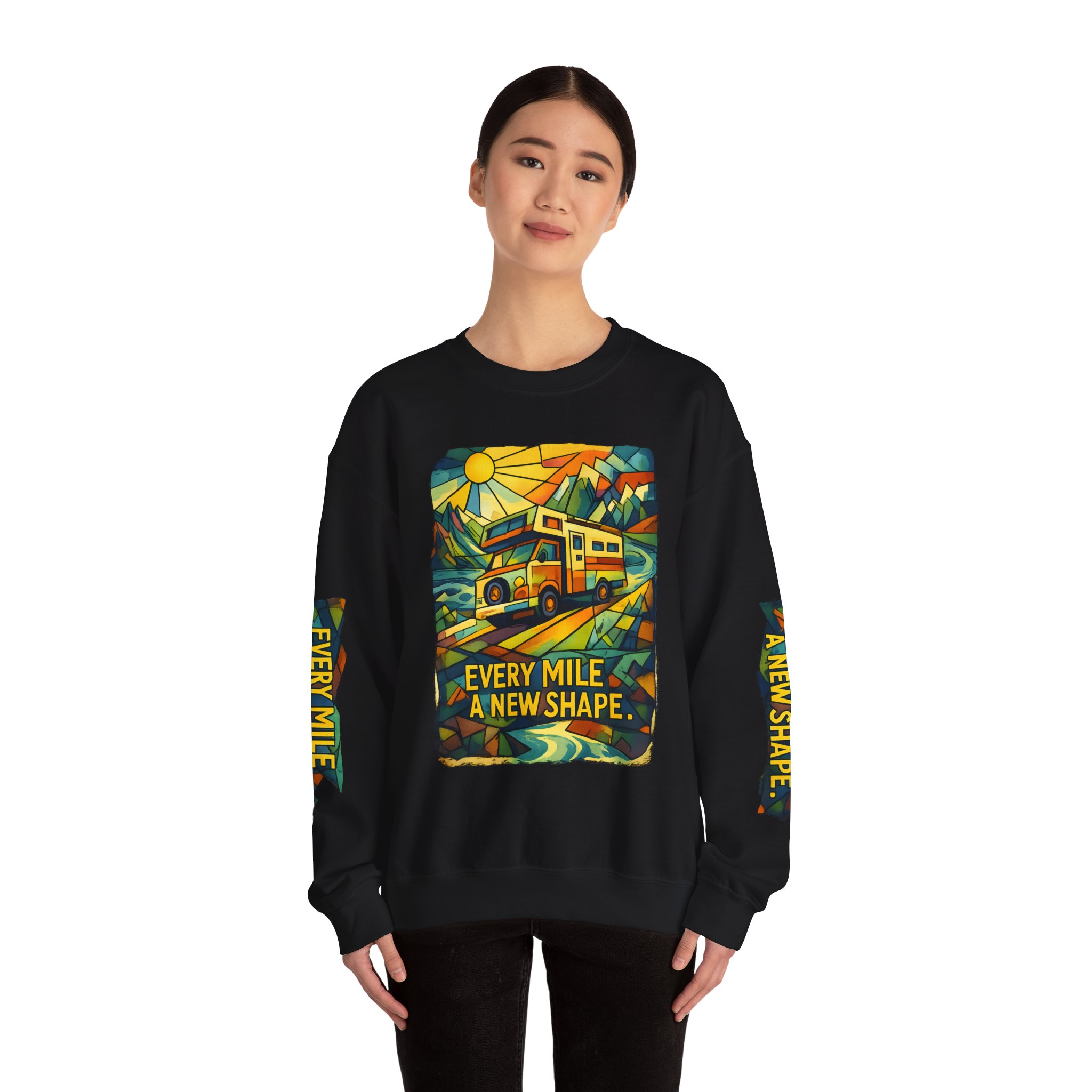 Unisex Heavy Blend™ Crewneck Sweatshirt — "Every Mile A New Shape" Design Cubic-Line
