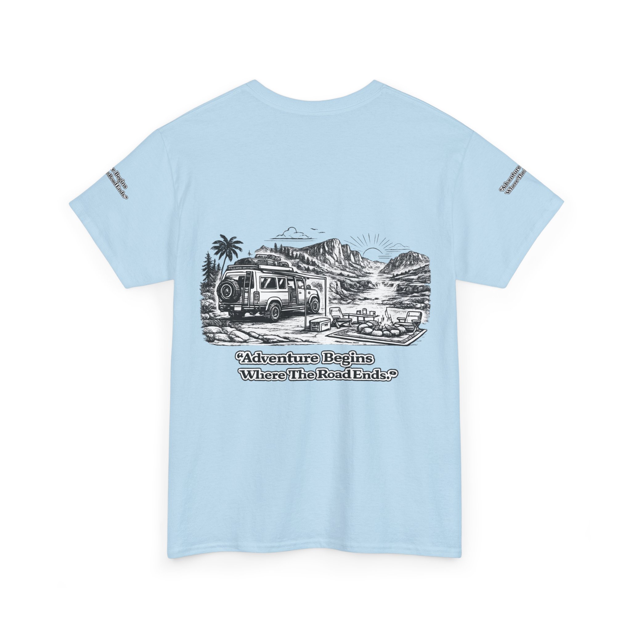 Unisex Heavy Cotton Tee — "Adventure Begins Where The Road Ends" Design Minimal-Line