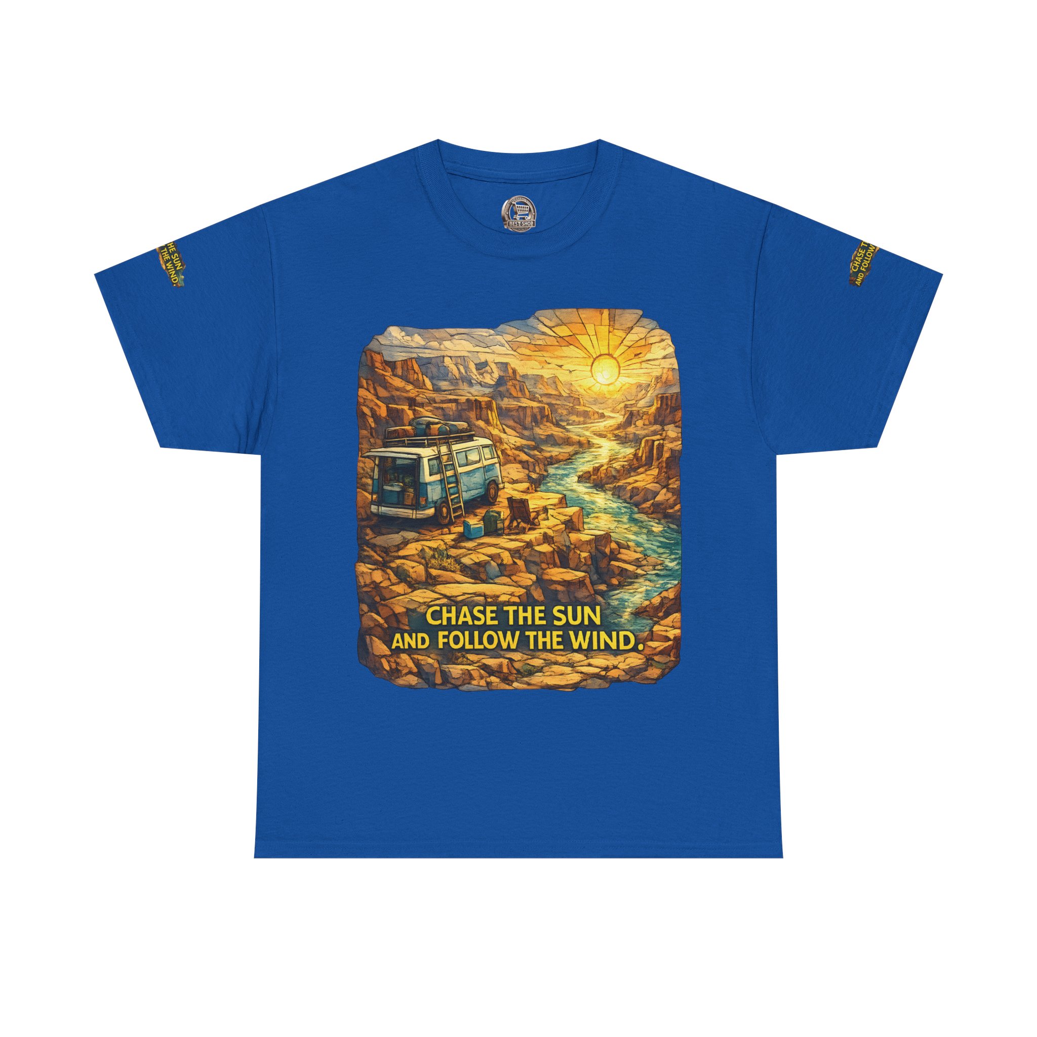 9796359341693031767_2048.jpeg Unisex Heavy Cotton Tee — "Chase The Sun And Follow The Wind" Design Cubic-Line