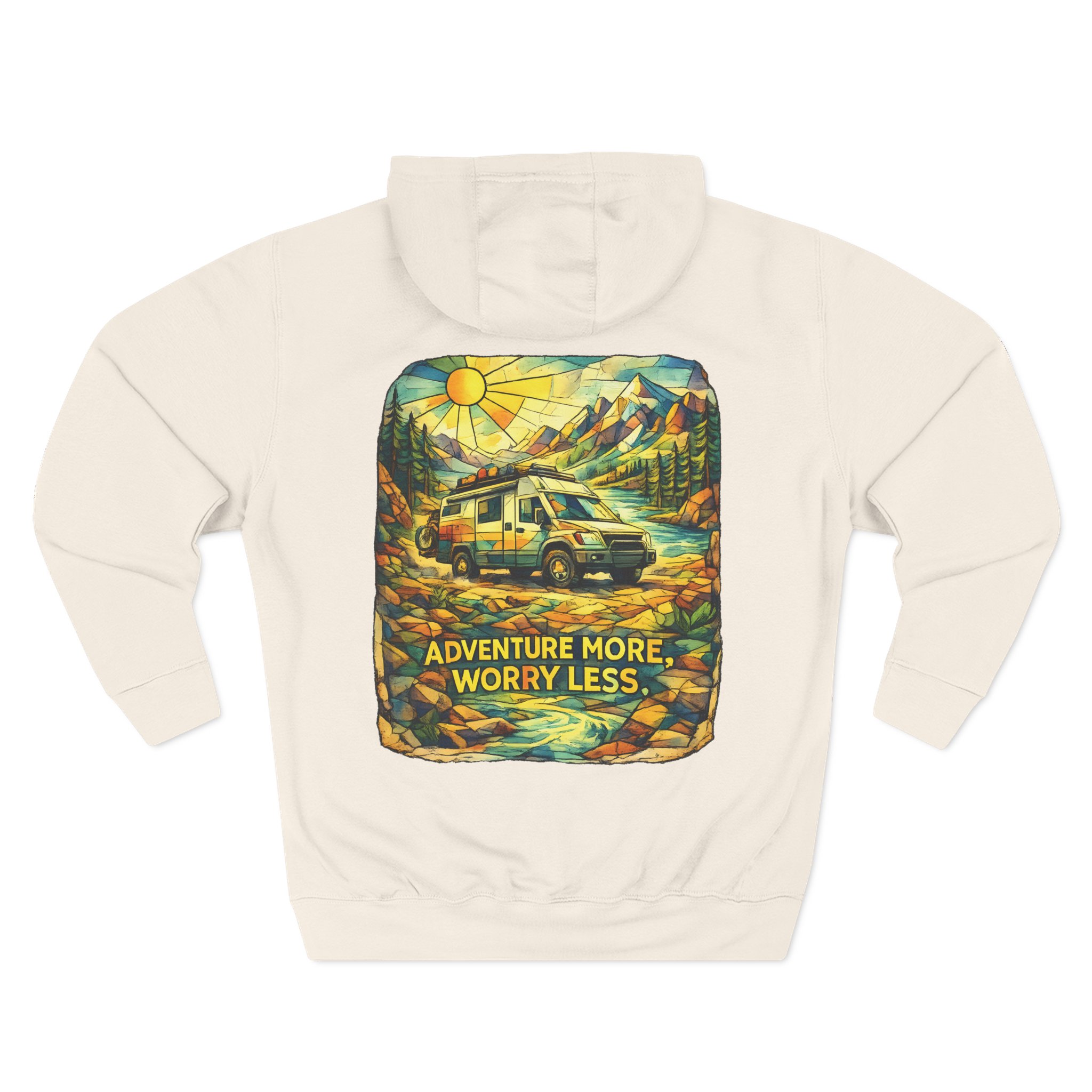 Three-Panel Fleece Hoodie - "Adventure More Worry Less" Design Cubic-Line