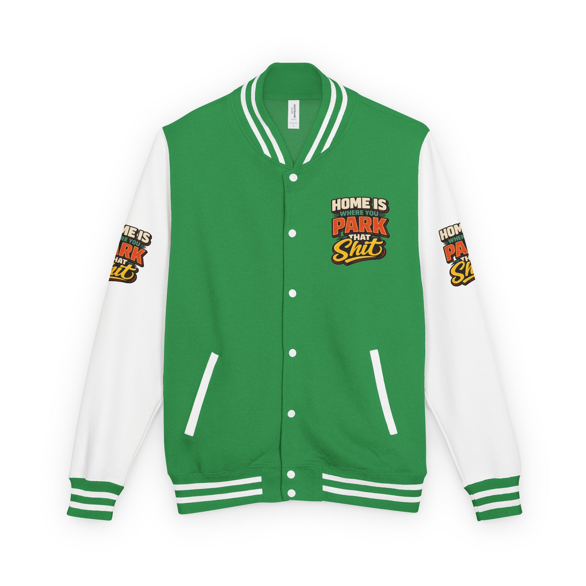 9804361876731649201_2048-2.jpeg Unisex Heavyweight Letterman Jacket — "Home Is Where You Park That Shit" Design F**K-Line