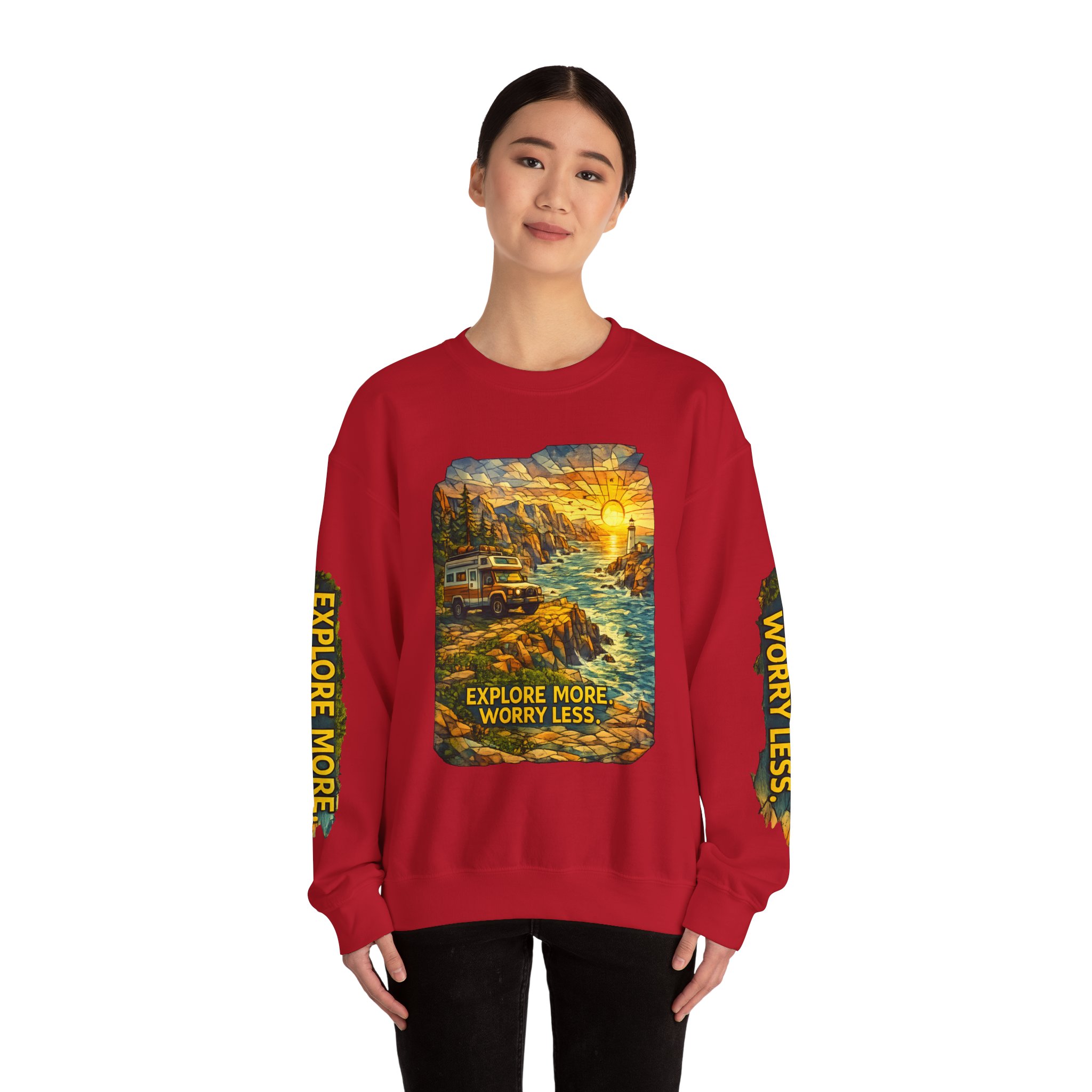 Unisex Heavy Blend™ Crewneck Sweatshirt — "Explore More Worry Less" Design Cubic-Line