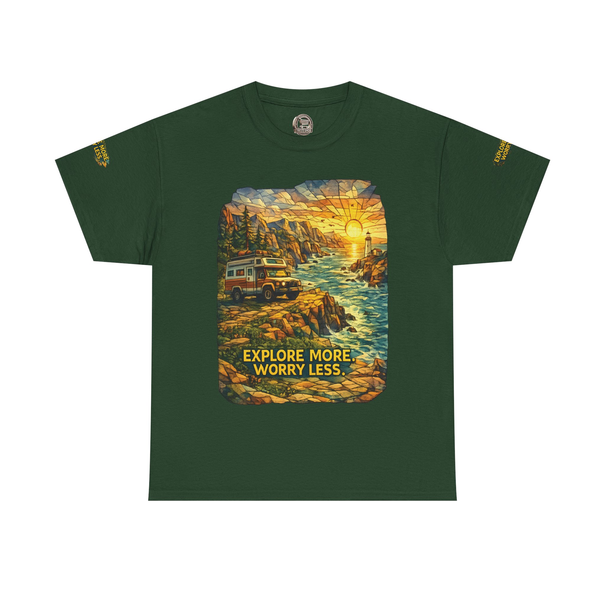 Unisex Heavy Cotton Tee — "Explore More Worry Less" Design Cubic-Line