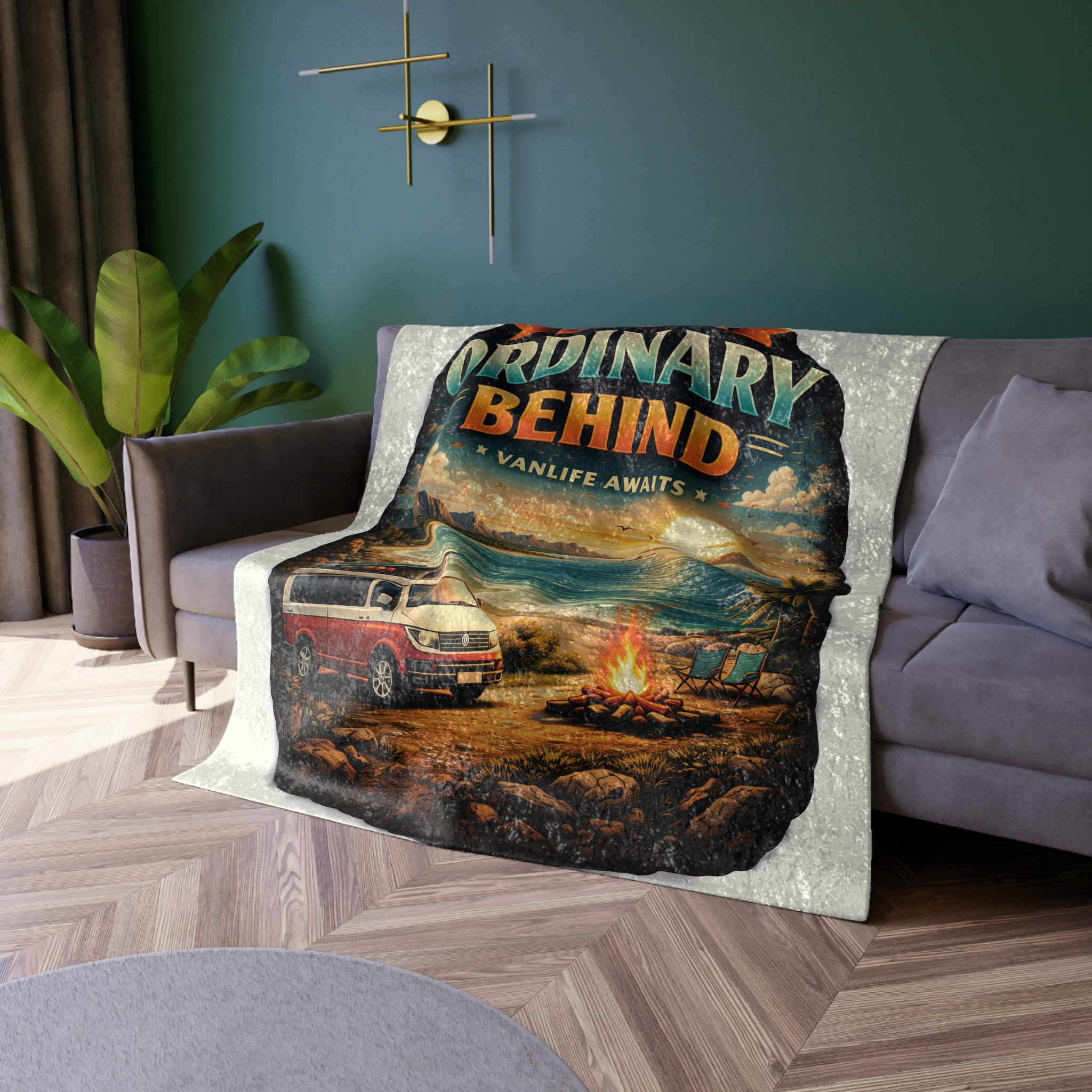 Crushed Velvet Blanket —"Leave Ordinary Behind" Design Scenic-Line (Campervan)