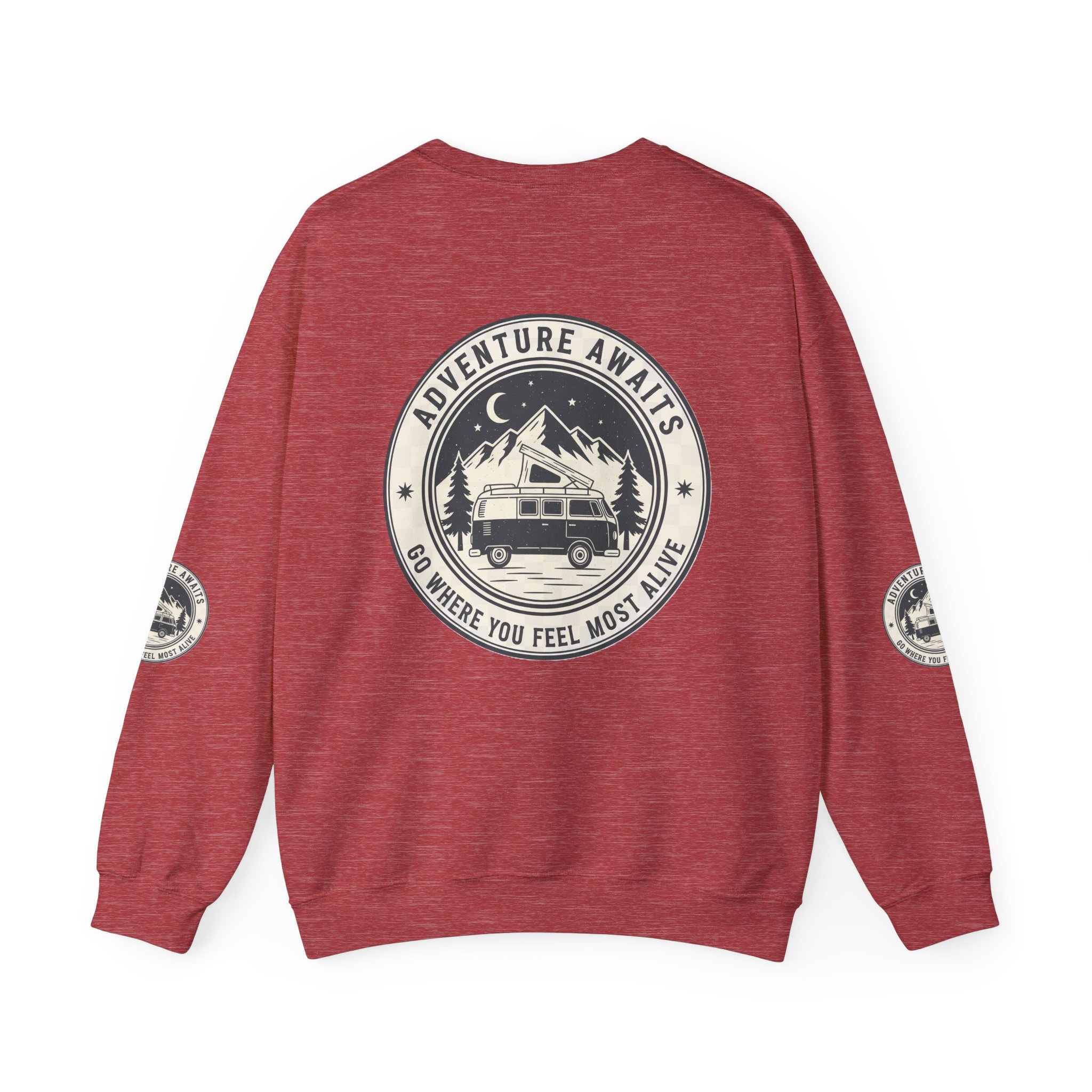 9824401482640743738_2048.jpeg Crewneck Sweatshirt — "Adventure Awaits-Go Where You Feel Most Alive" (Font + Back + Sleaves printed) Vintage Camper Van Outdoor Graphic