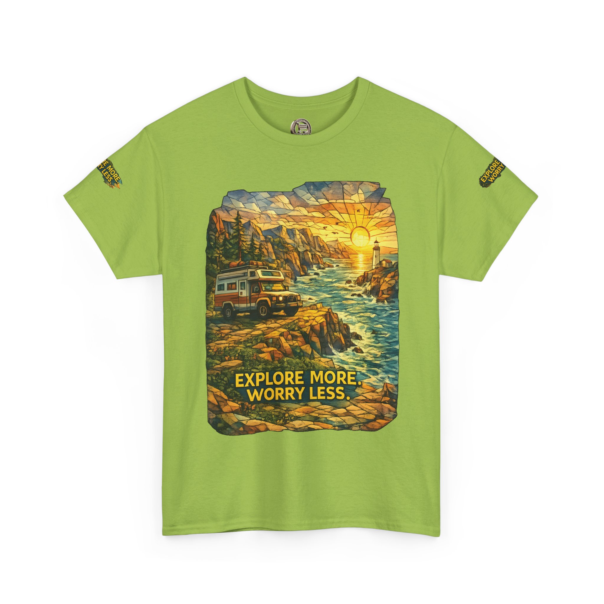 Unisex Heavy Cotton Tee — "Explore More Worry Less" Design Cubic-Line