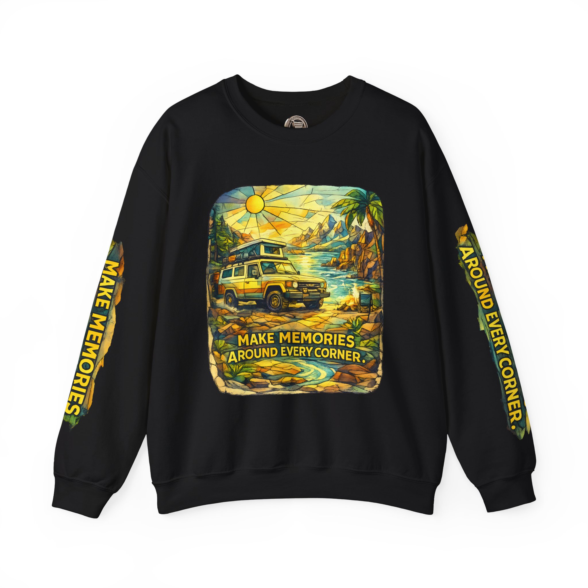 Unisex Heavy Blend™ Crewneck Sweatshirt — "Make Memories Around Every Corner" Design Cubic-Line
