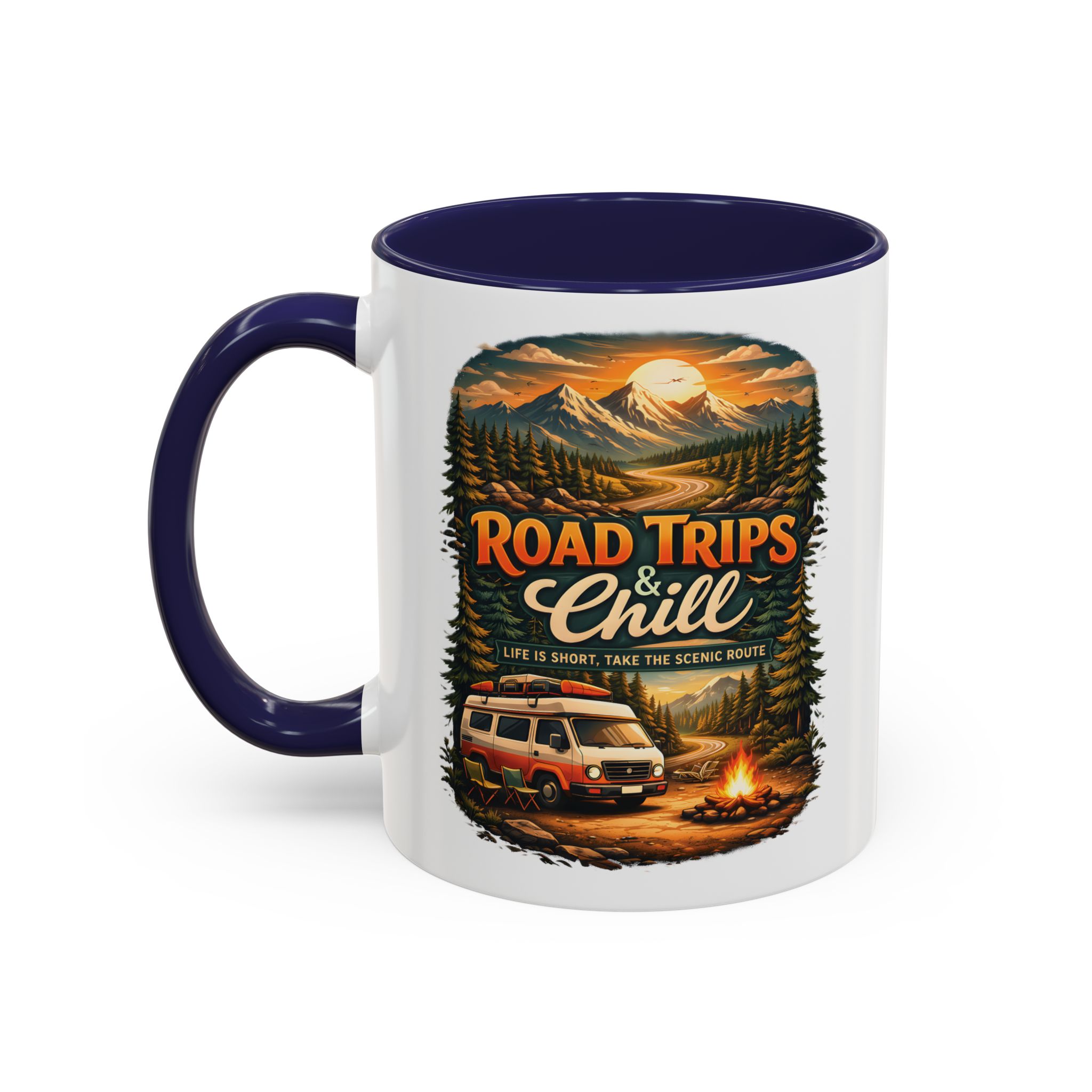 Accent Coffee Mug (11, 15oz) — "Road Trips & Chill" Design Scenic-Line