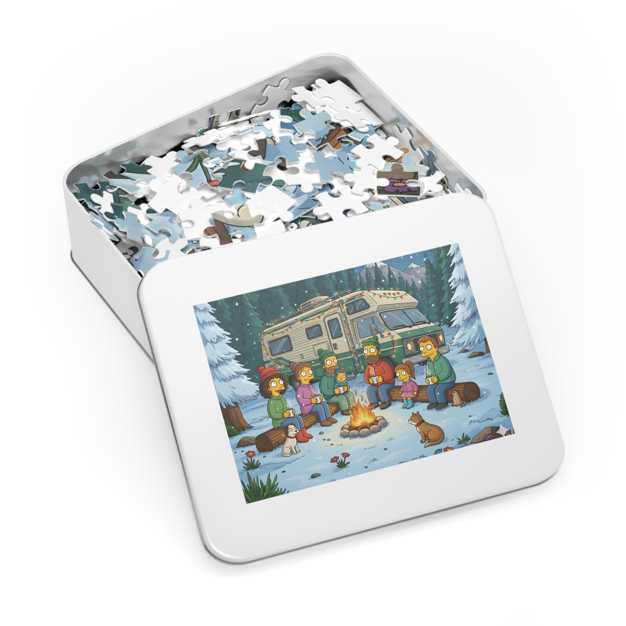 Jigsaw Puzzle with Tin — Cozy RV Winter Scene with Campfire