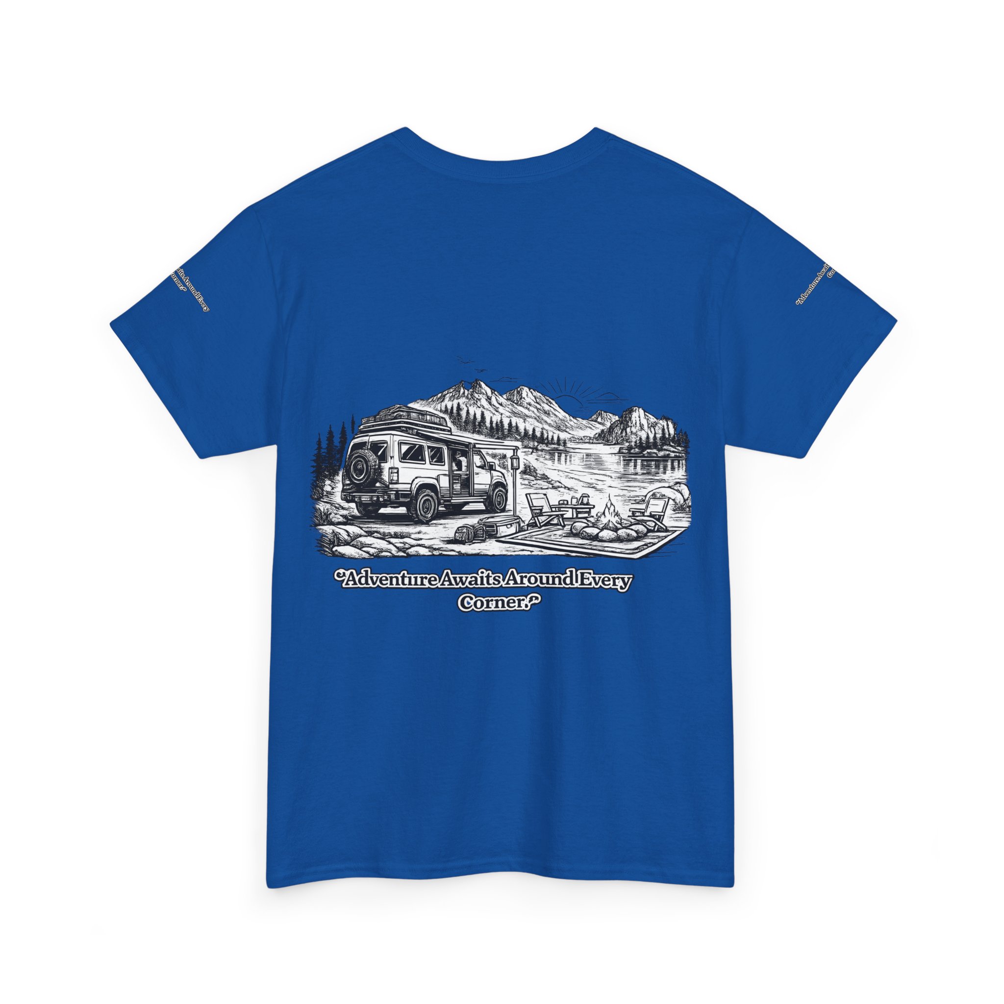Unisex Heavy Cotton Tee — "Adventure Awaits Around Every Corner" Design Minimal-Line