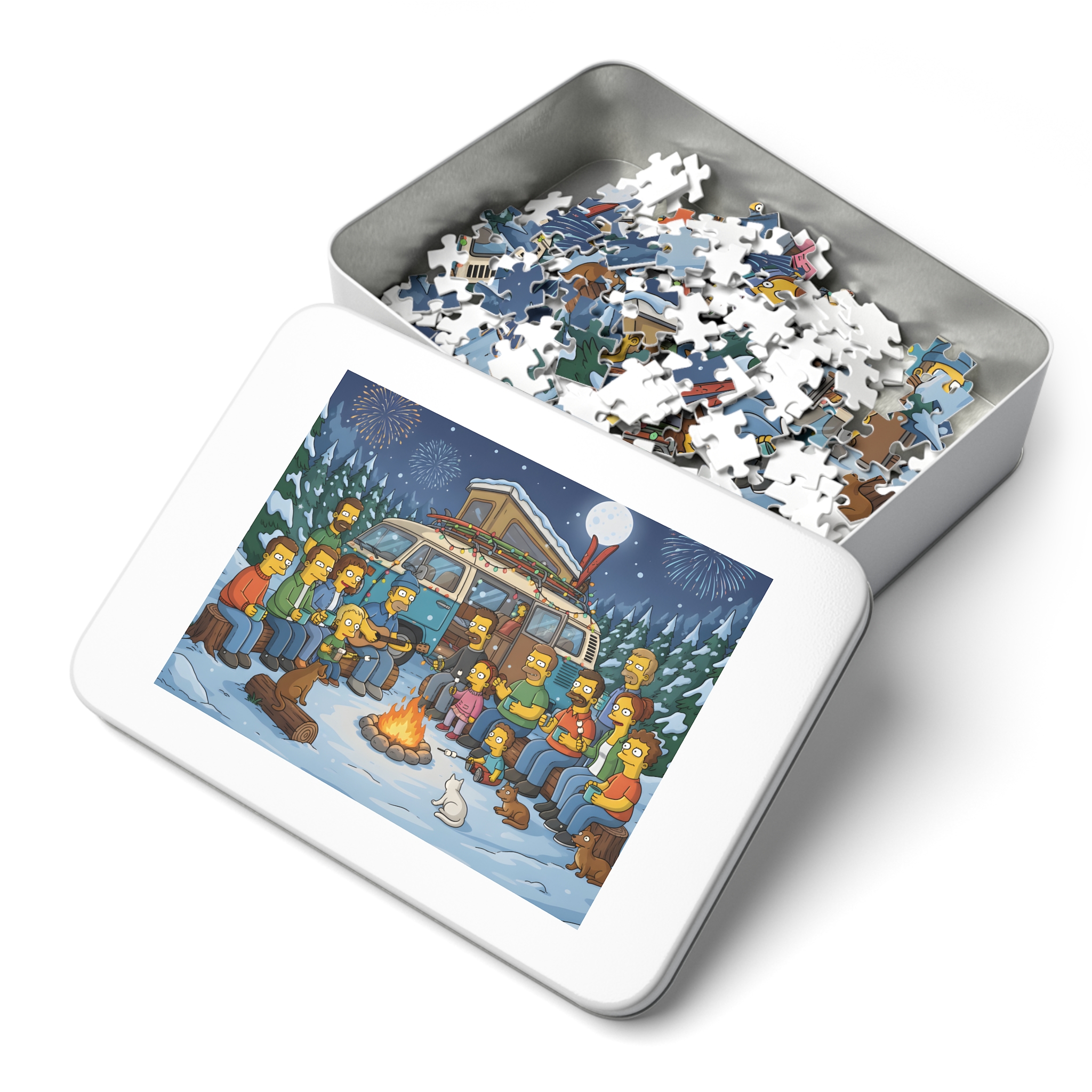 Jigsaw Puzzle with Tin — Winter Campfire Scene