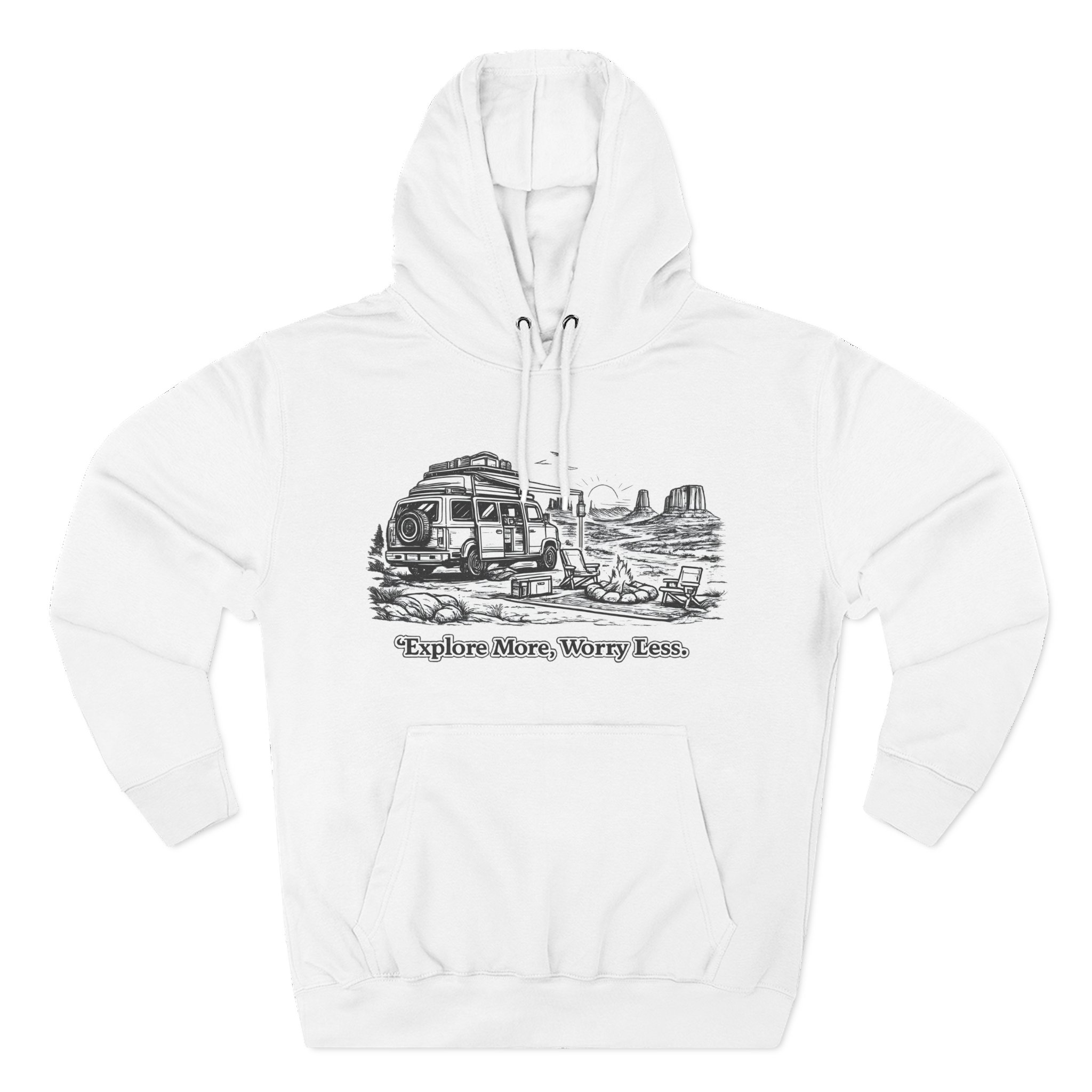 Three-Panel Fleece Hoodie - "Explore More Worry Less" Design Minimal-Line