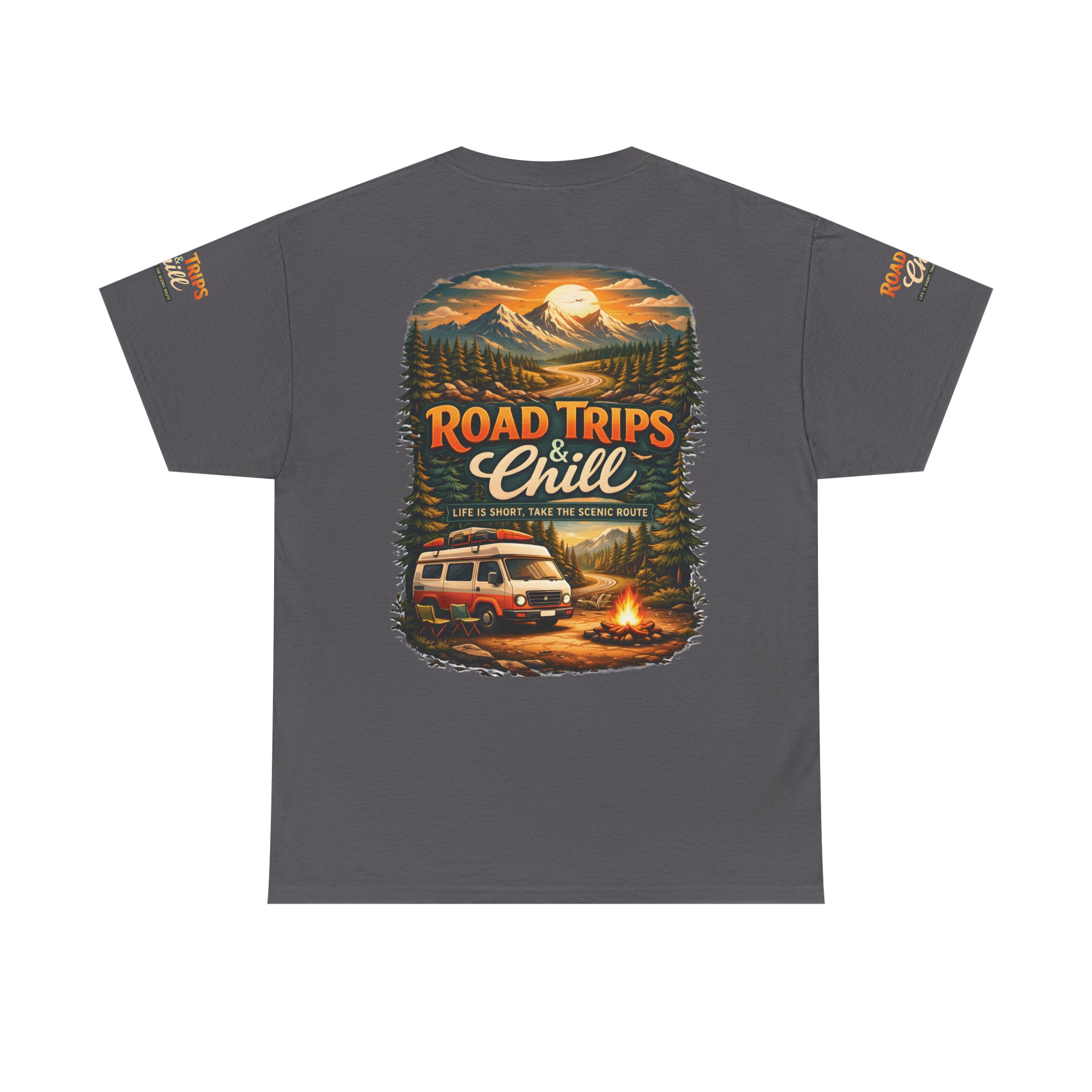 Unisex Heavy Cotton Tee — "Road Trips & Chill" Design Scenic-Line