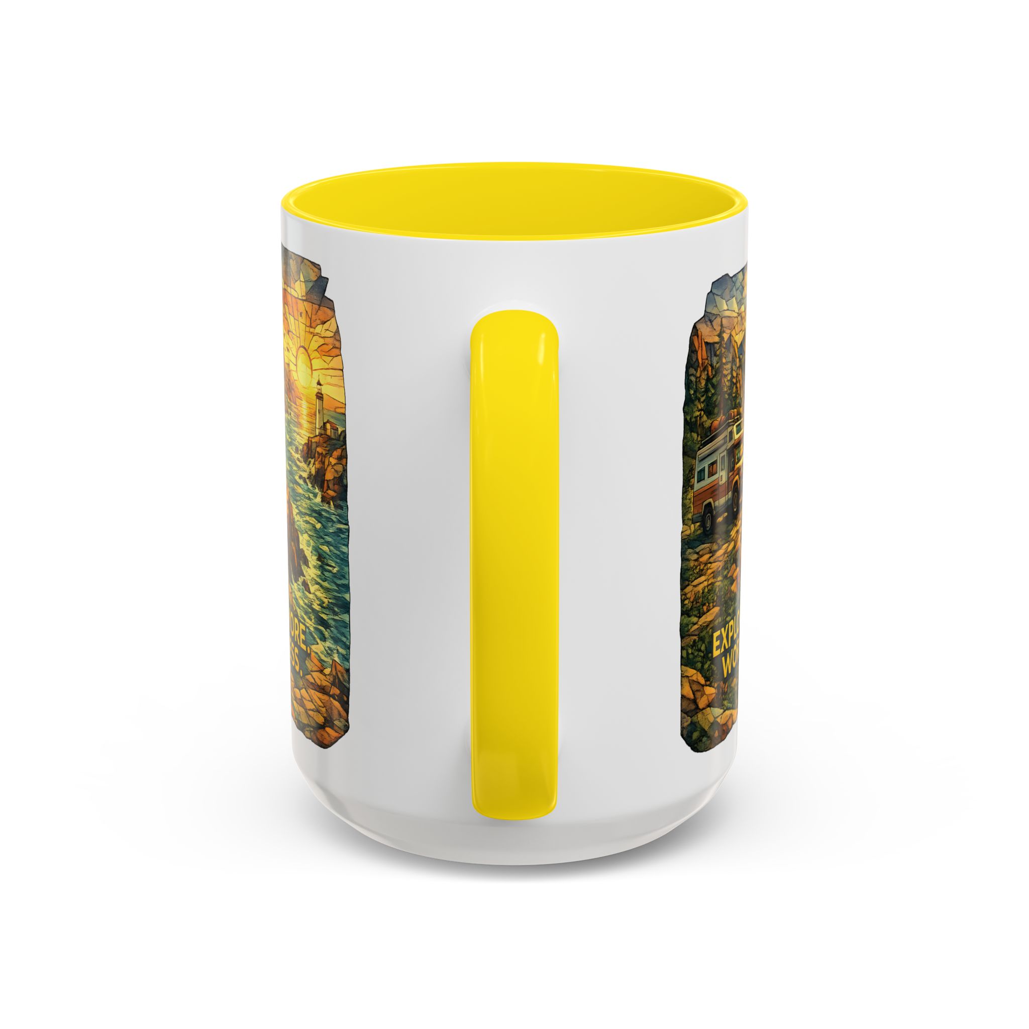 Accent Coffee Mug (11, 15oz) — "Explore More Worry Less" Design Cubic-Line
