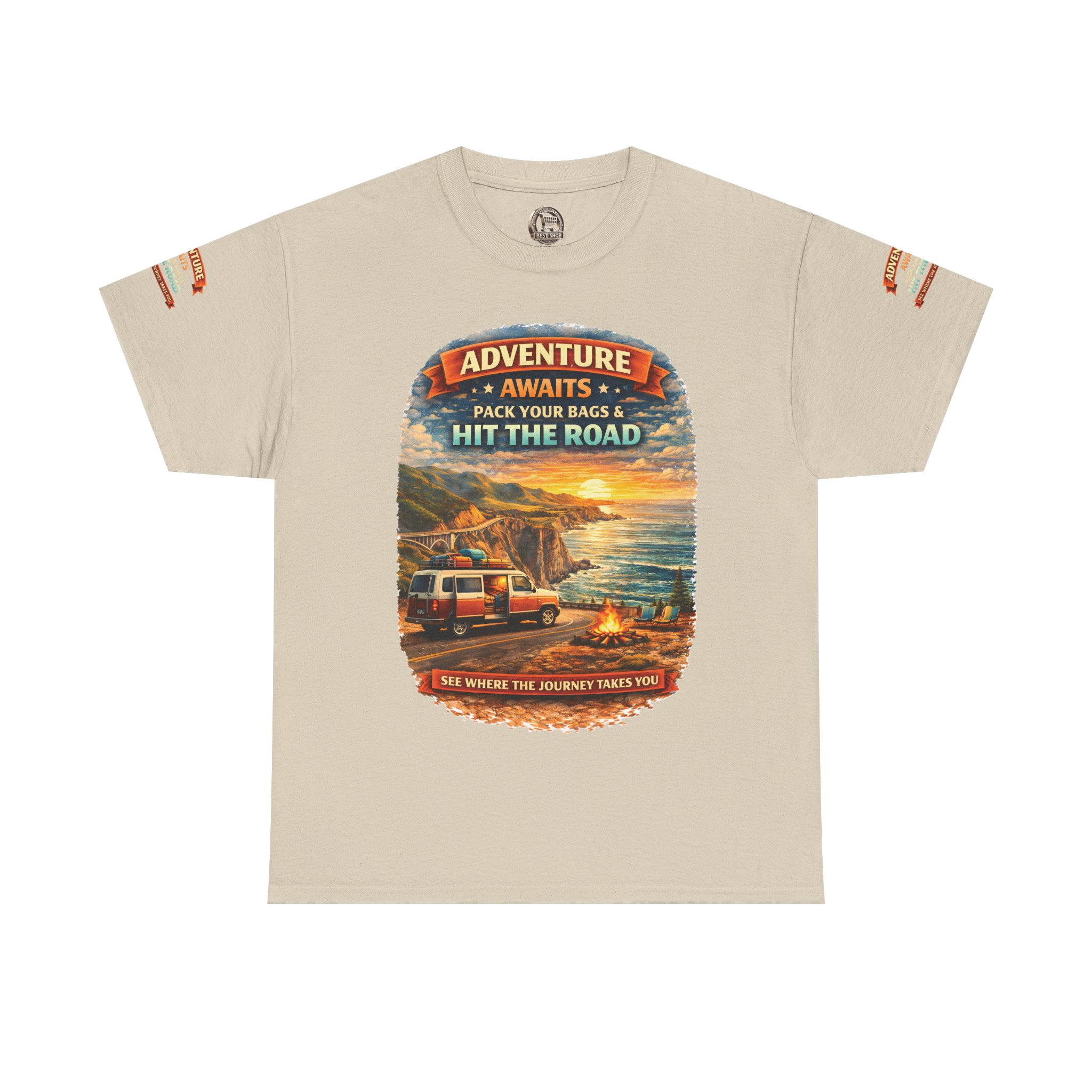 Unisex Heavy Cotton Tee — "Adventure Awaits-Pack Your Bags" Design Scenic-Line