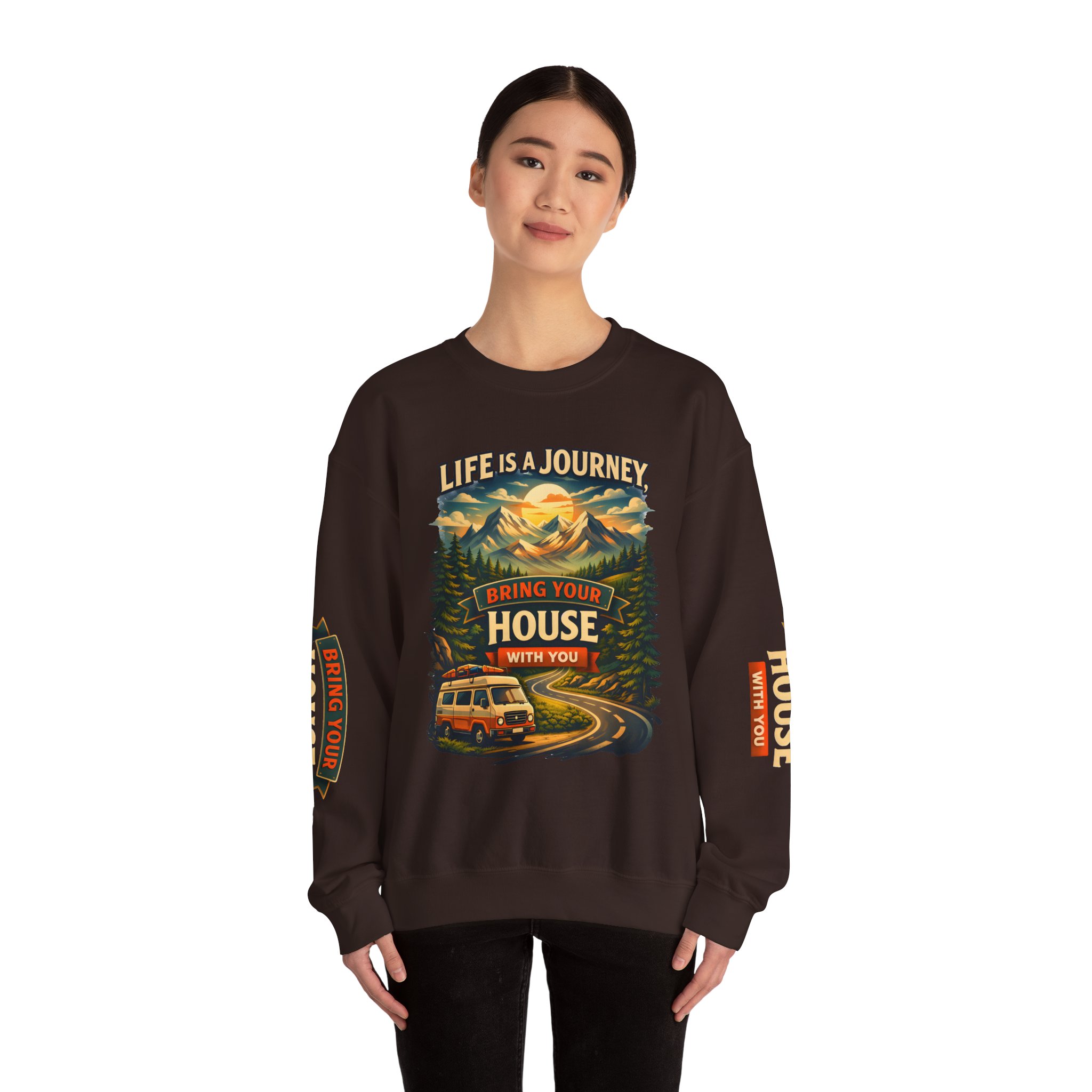 Unisex Heavy Blend™ Crewneck Sweatshirt — "Live Is A Journey-Bring Your House With You" Design Scenic-Line