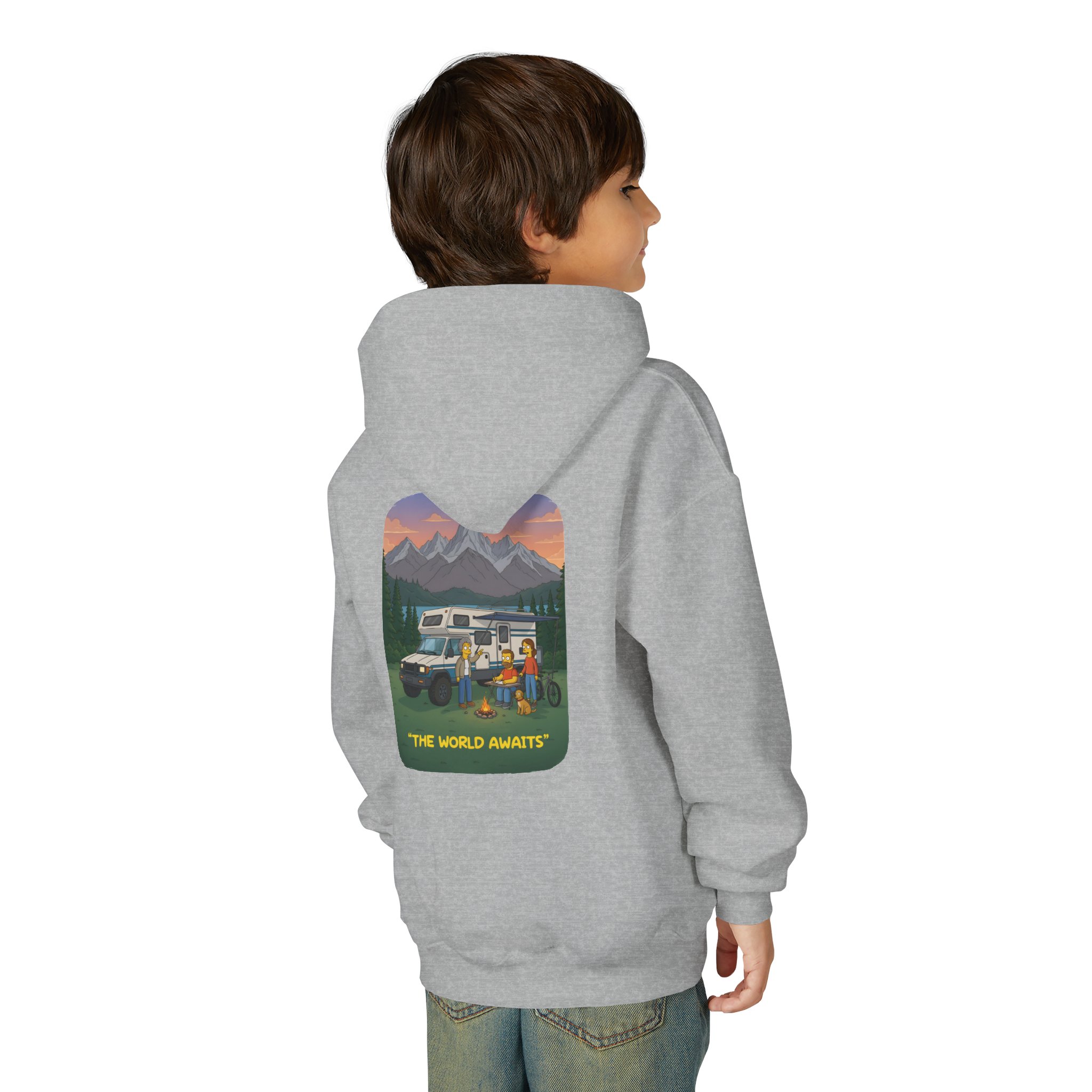 Youth Hoodie(Gildan) – "The World Awaits" (Design Sitcom-Line)