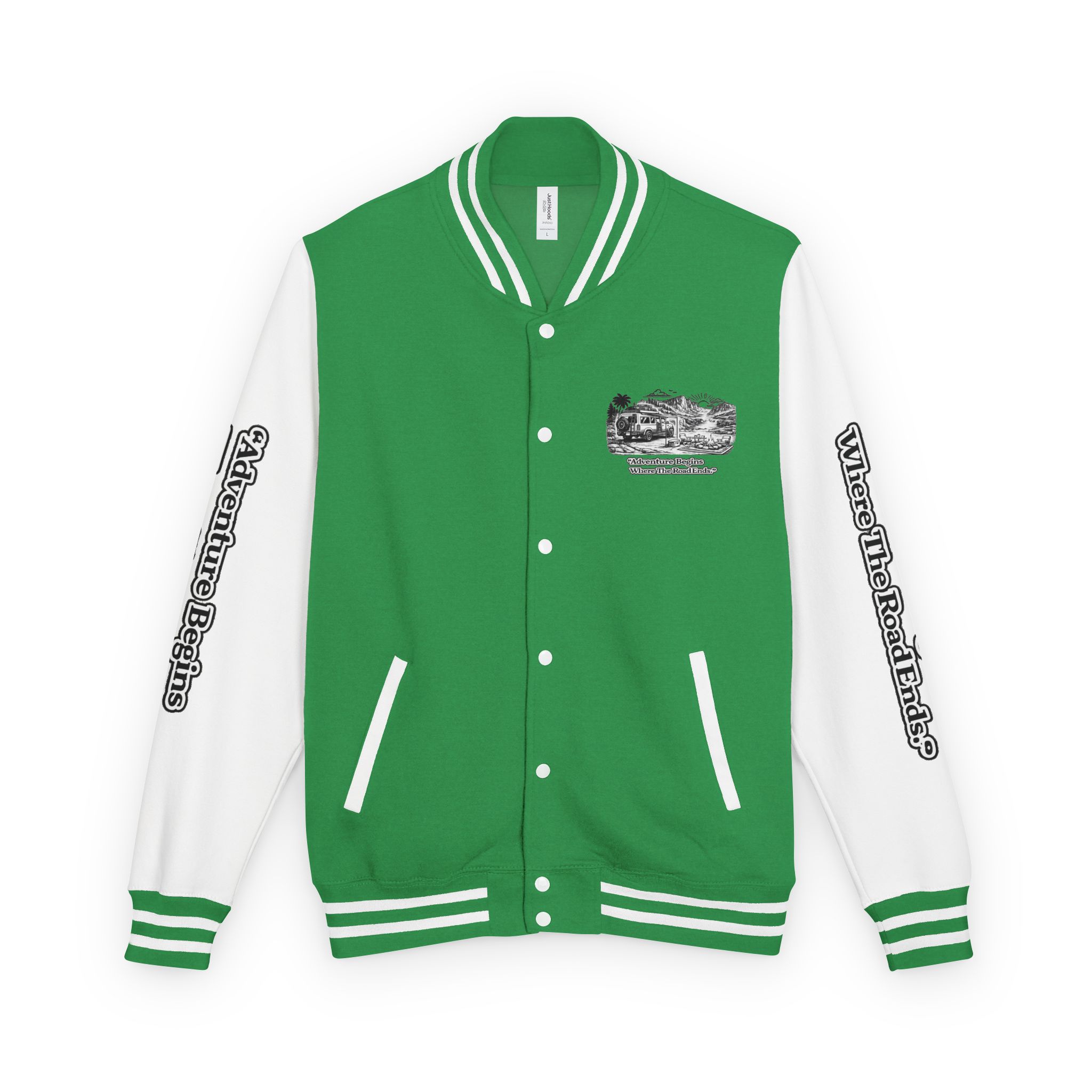 9893327854895255419_2048-1.jpeg Unisex Heavyweight Letterman Jacket — "Adventure Begins Where The Road Ends" Travel Varsity Coat