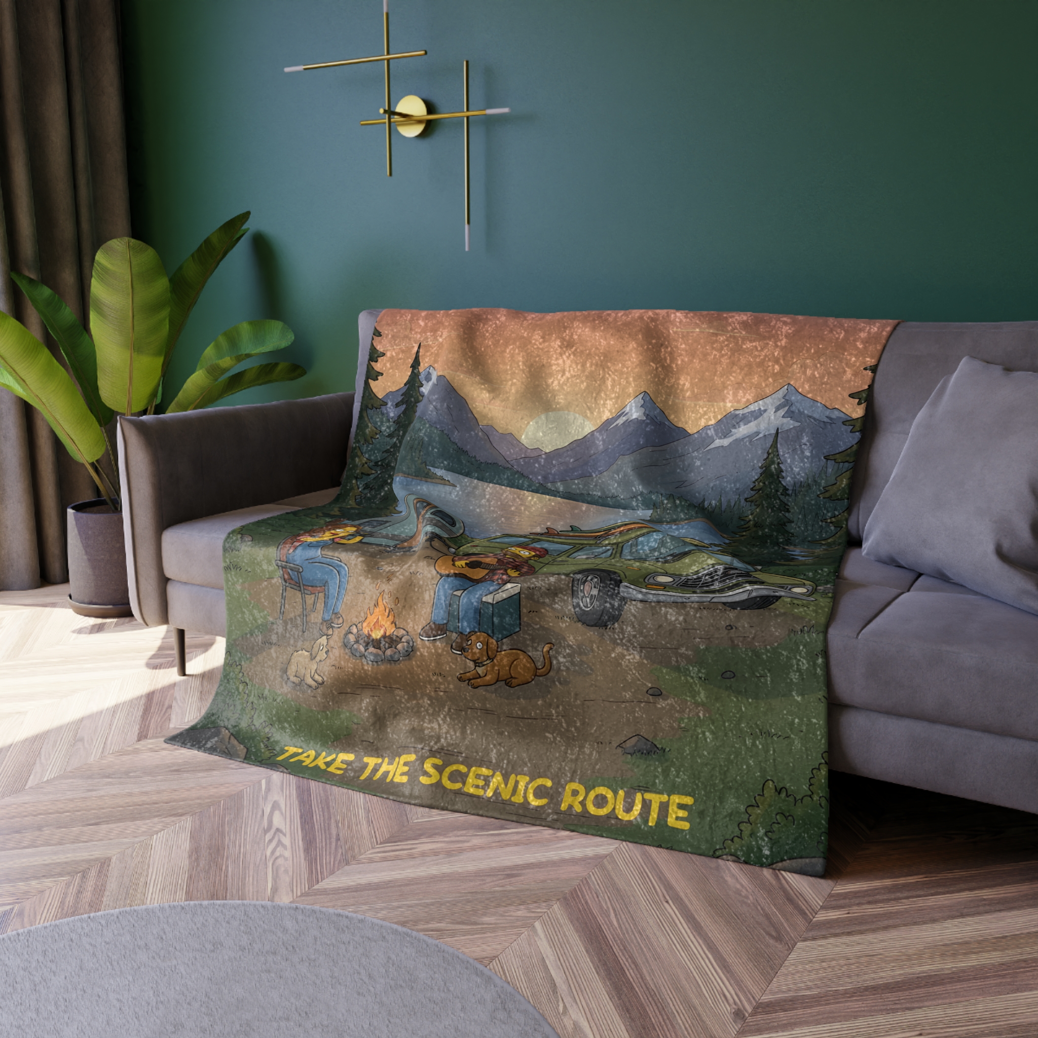 Crushed Velvet Blanket —"Take The Scenic Route" Design Sitcom-Line (Campervan)