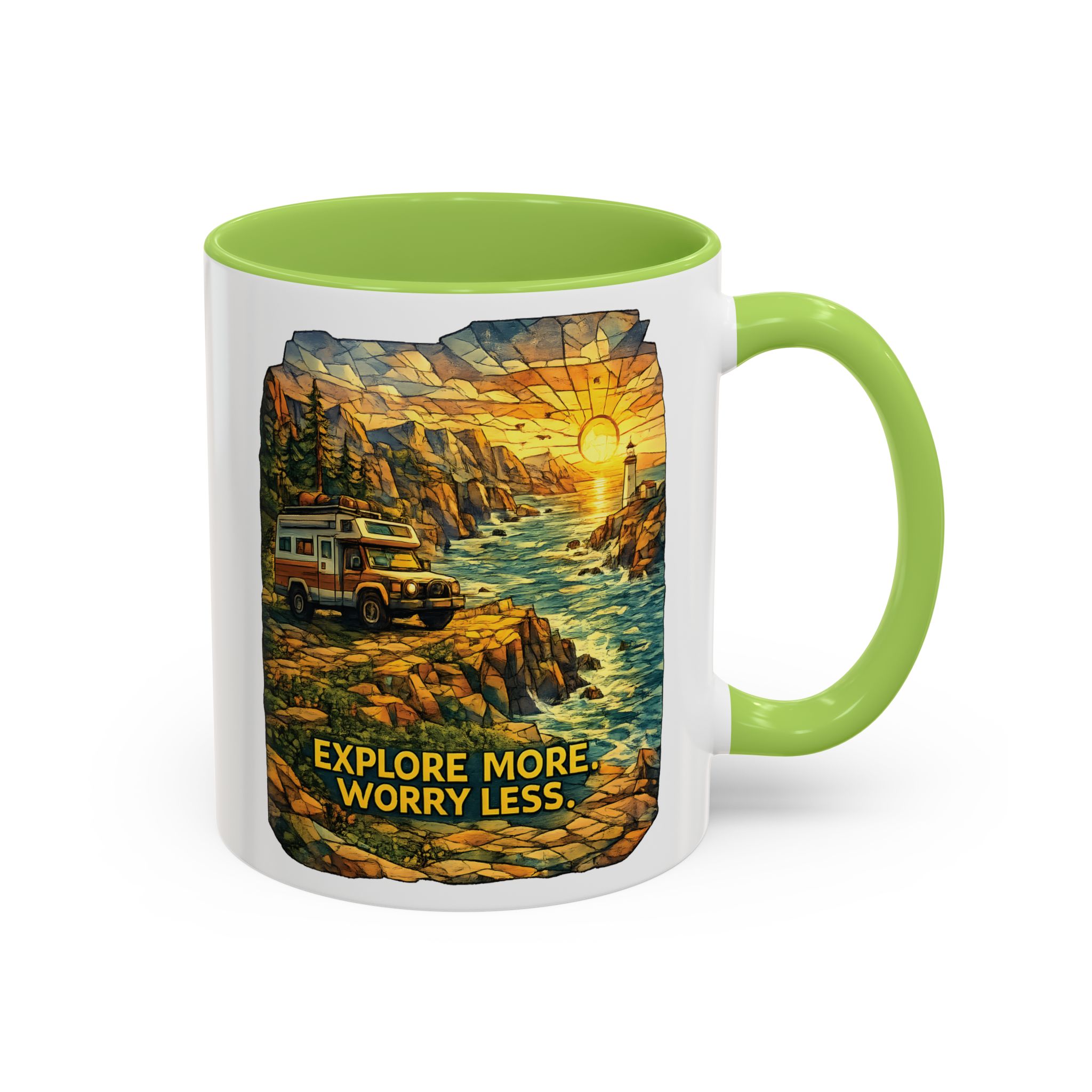 Accent Coffee Mug (11, 15oz) — "Explore More Worry Less" Design Cubic-Line