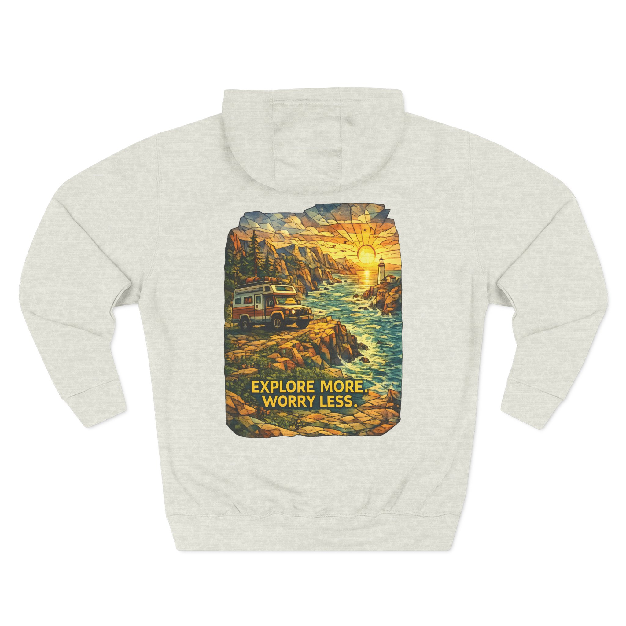 99198923155659268_2048.jpeg Three-Panel Fleece Hoodie - "Explore More Worry Less" Design Cubic-Line