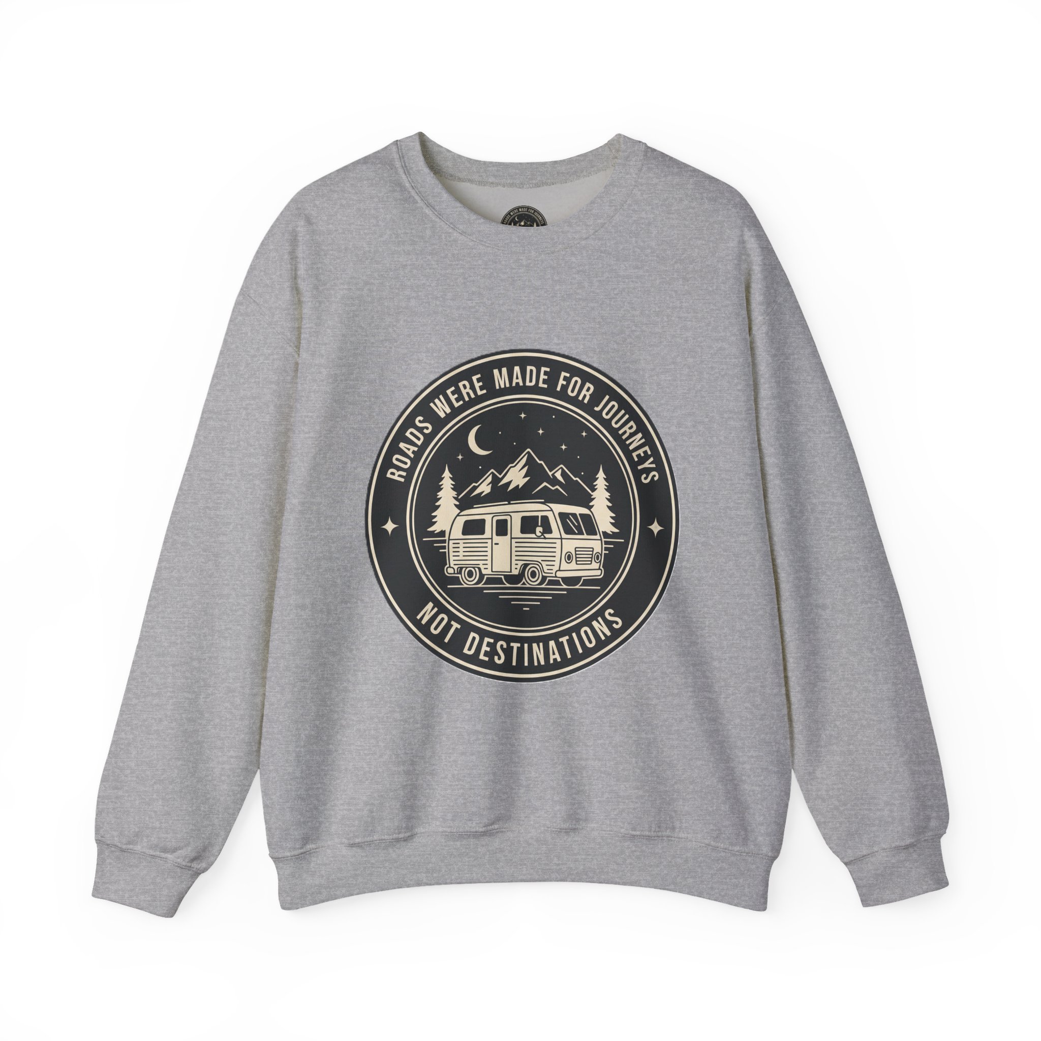 9924855991250962987_2048.jpeg Crewneck Sweatshirt — "ROAD WHERE MADE FOR JOURNEYS-NOT DESTINATIONS" (Ony Font printed) Vintage Camper Van Outdoor Graphic