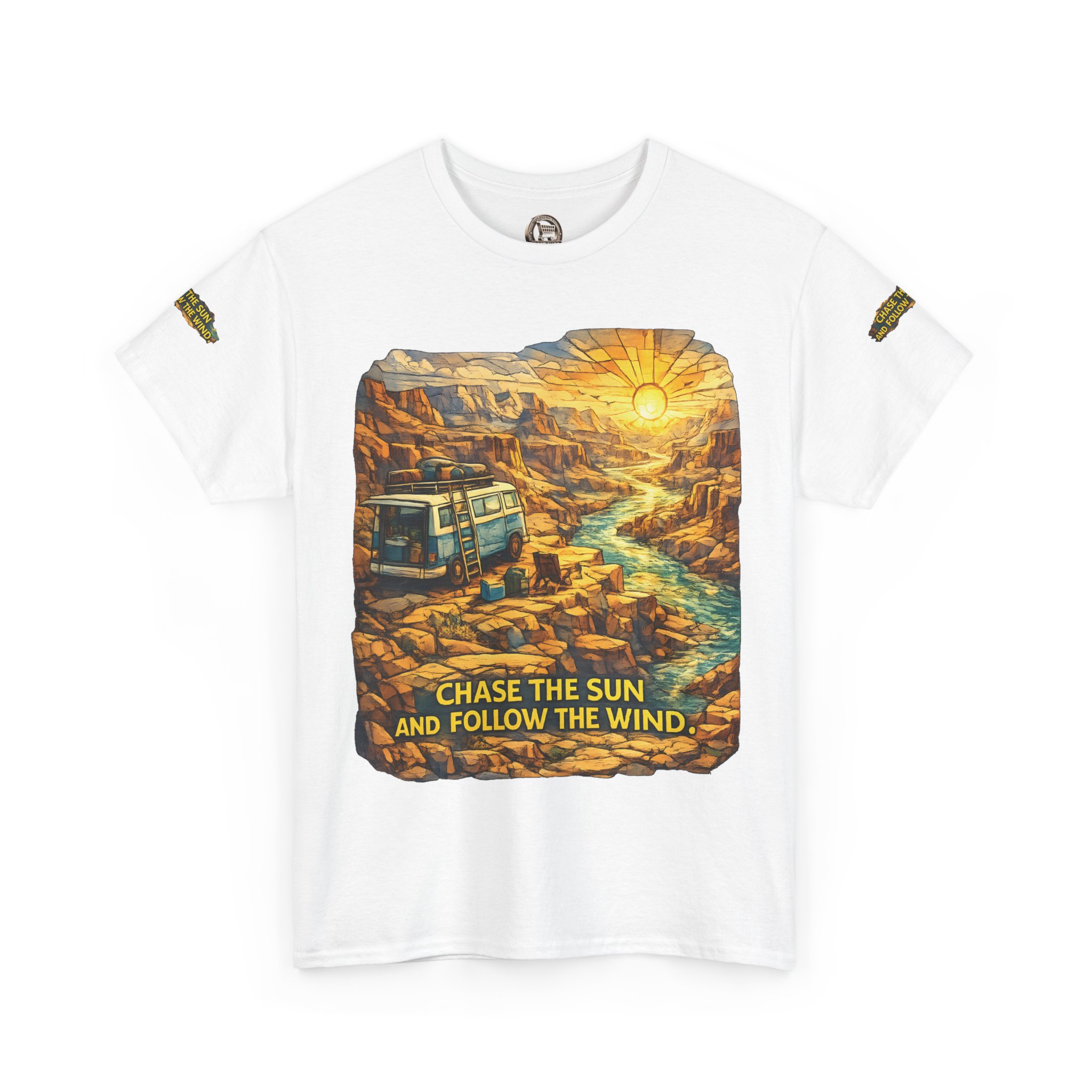 9932923345168326019_2048.jpeg Unisex Heavy Cotton Tee — "Chase The Sun And Follow The Wind" Design Cubic-Line