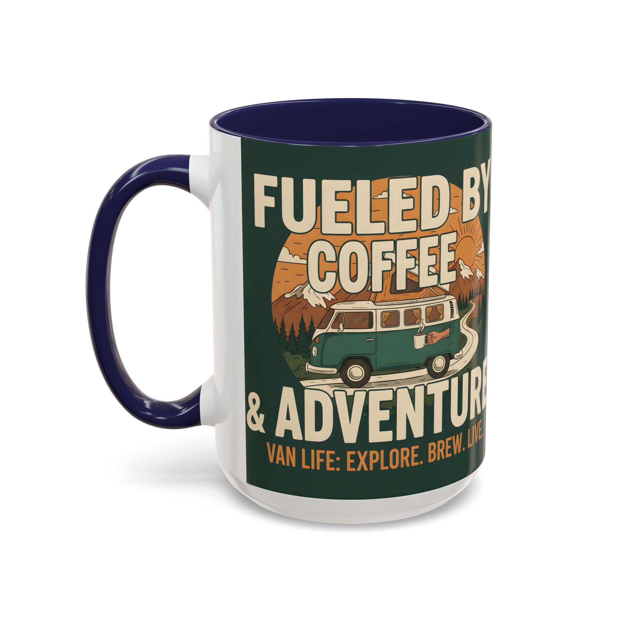 Accent Coffee Mug (11, 15oz) — "Fueled by Coffee & Adventure"