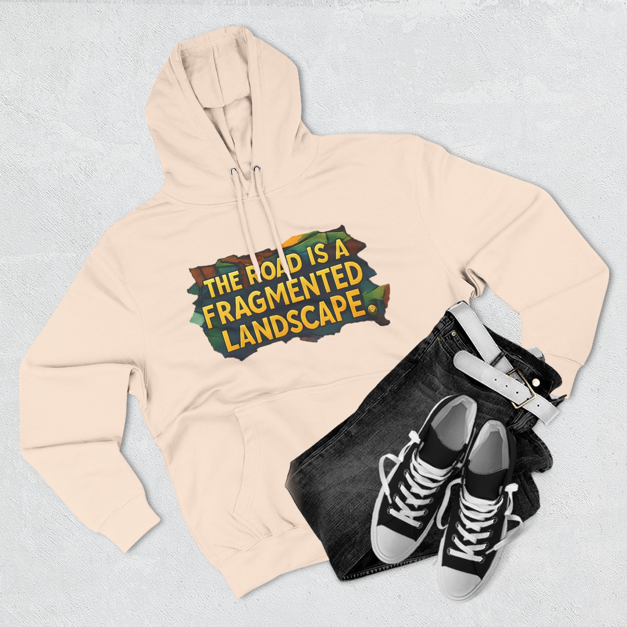 Three-Panel Fleece Hoodie - "The Road Is A Fragmented Landscape" Design Cubic-Line