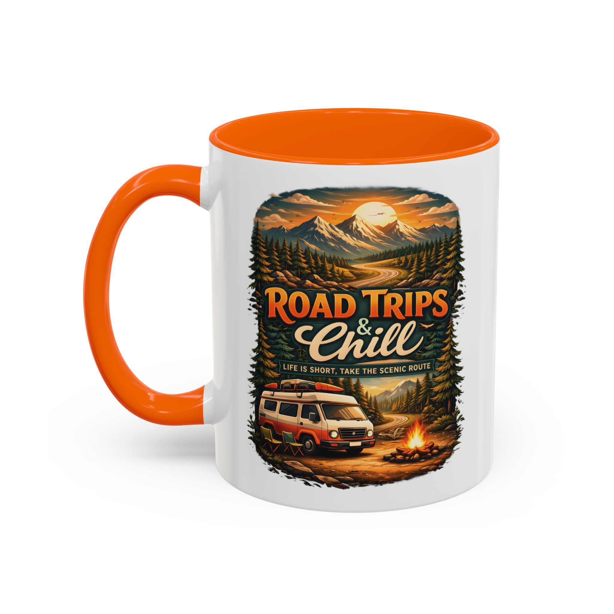 Accent Coffee Mug (11, 15oz) — "Road Trips & Chill" Design Scenic-Line