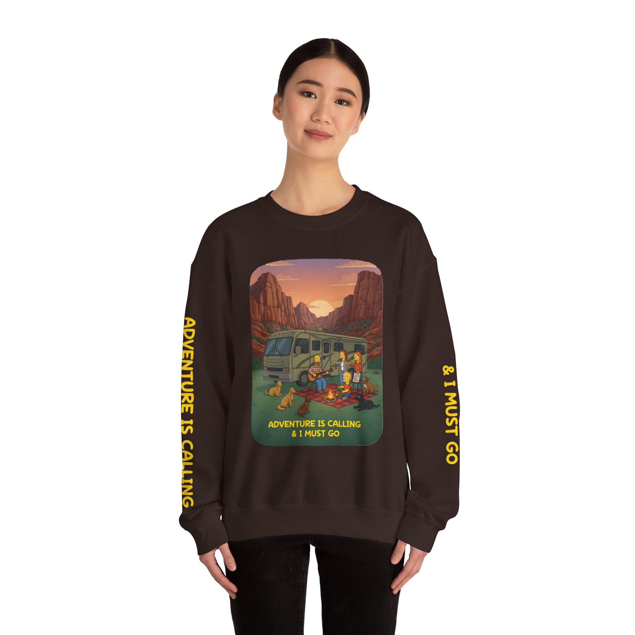 Unisex Heavy Blend™ Crewneck Sweatshirt — "Adventure Is Calling-I Must Go" Design Sitcom-Line