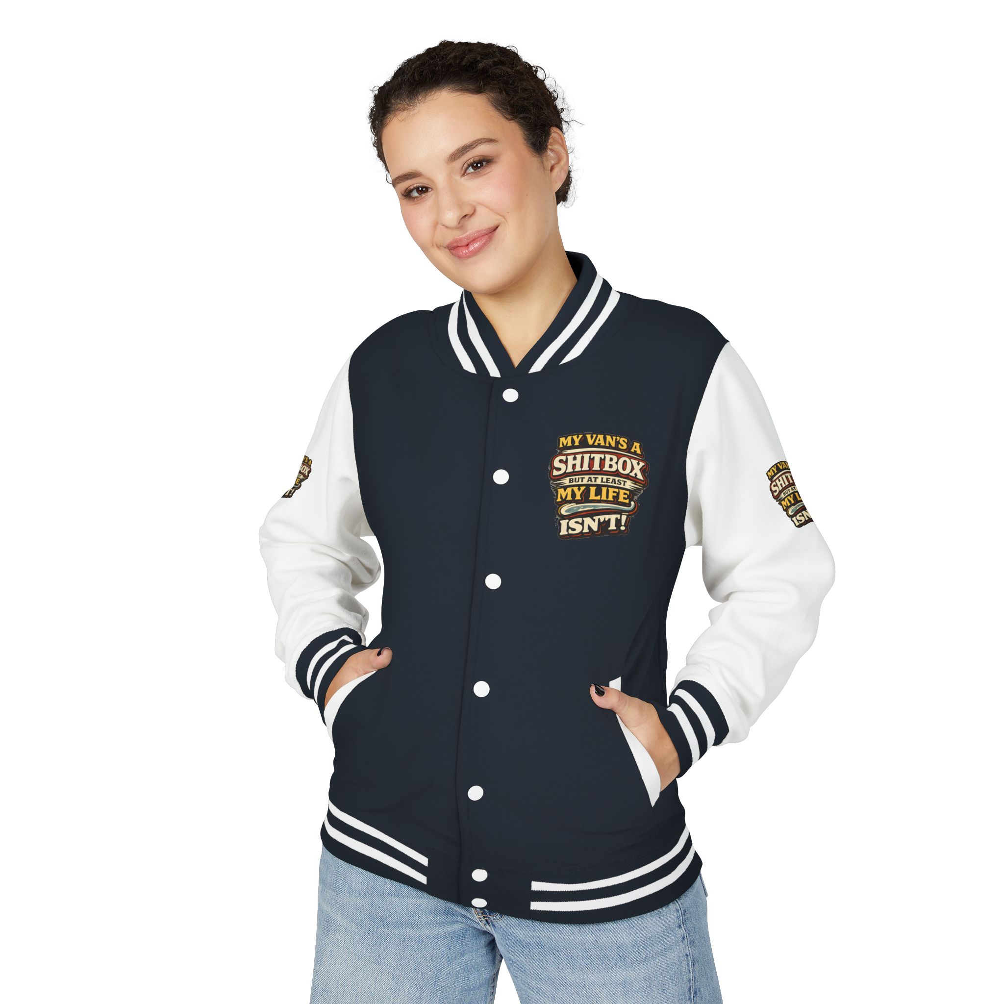 Unisex Heavyweight Letterman Jacket — "My Van`s A Shitbox" Design F**K-Line