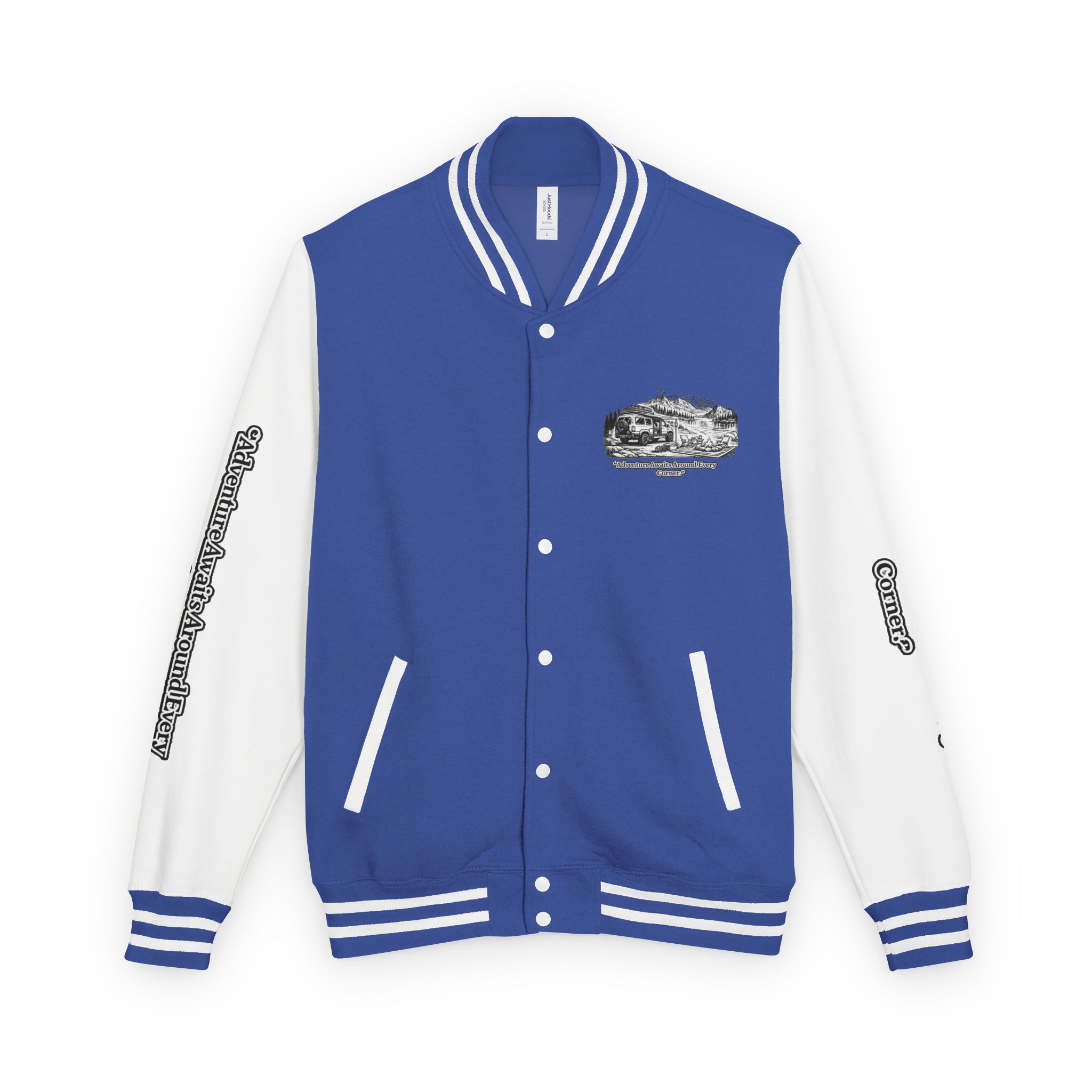 Unisex Heavyweight Letterman Jacket — "Adventure Awaits Around Every Corner" Travel Varsity Coat