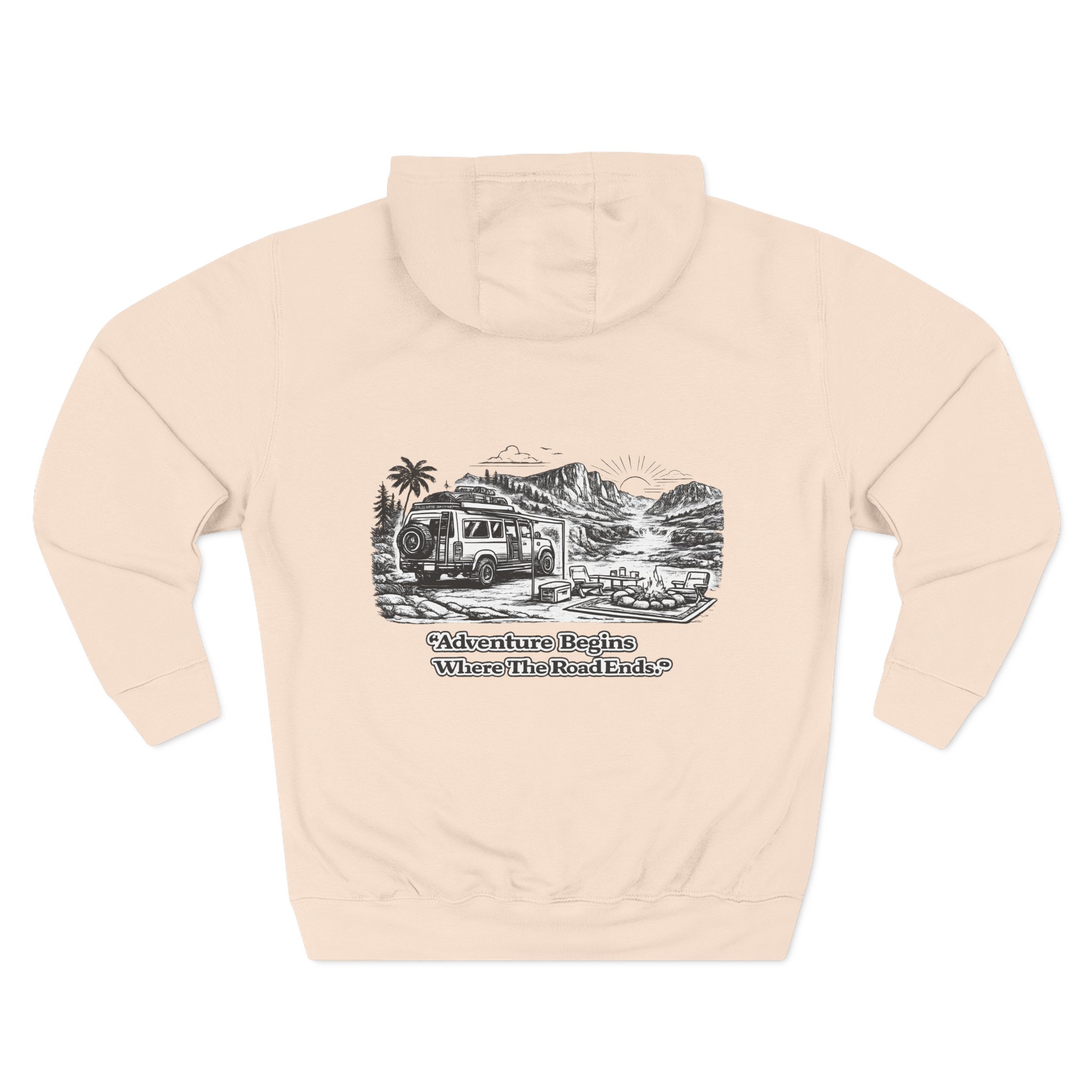 Three-Panel Fleece Hoodie - "Adventure Begins Where The Road Ends" Design Minimal-Line