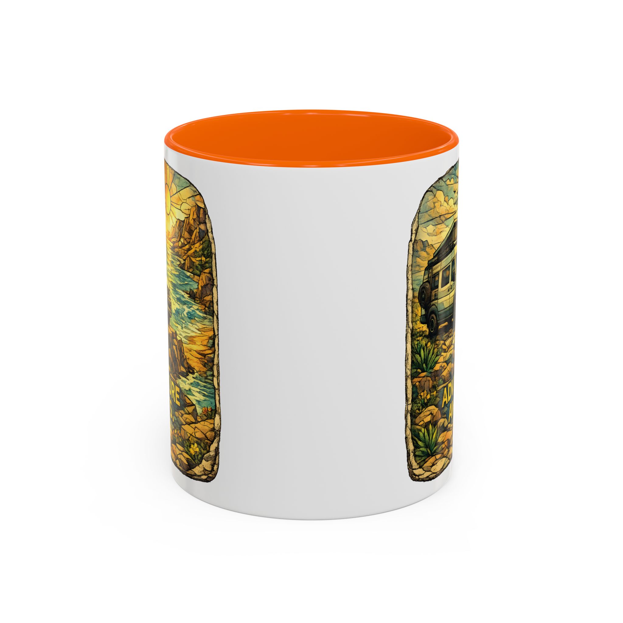 Accent Coffee Mug (11, 15oz) — "Adventure Awaits" Design Cubic-Line