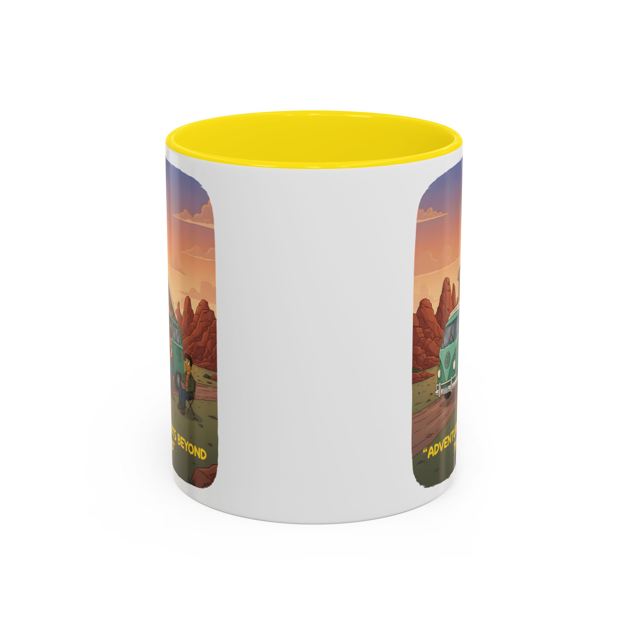 Accent Coffee Mug (11, 15oz) — "Adventure Awaits Beyond The Road" Design Sitcom-Line