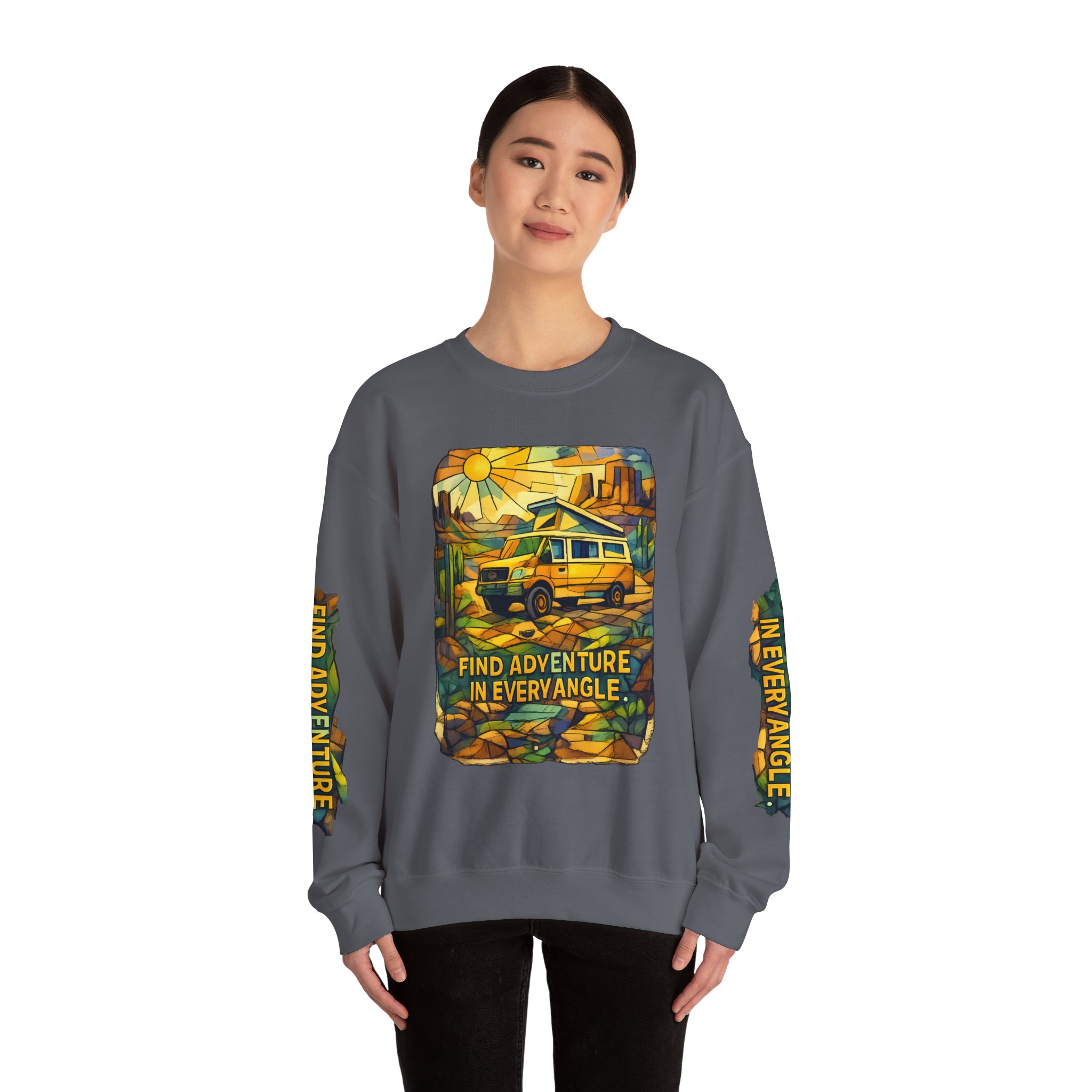 Unisex Heavy Blend™ Crewneck Sweatshirt — "Find Adventure In Every Corner" Design Cubic-Line