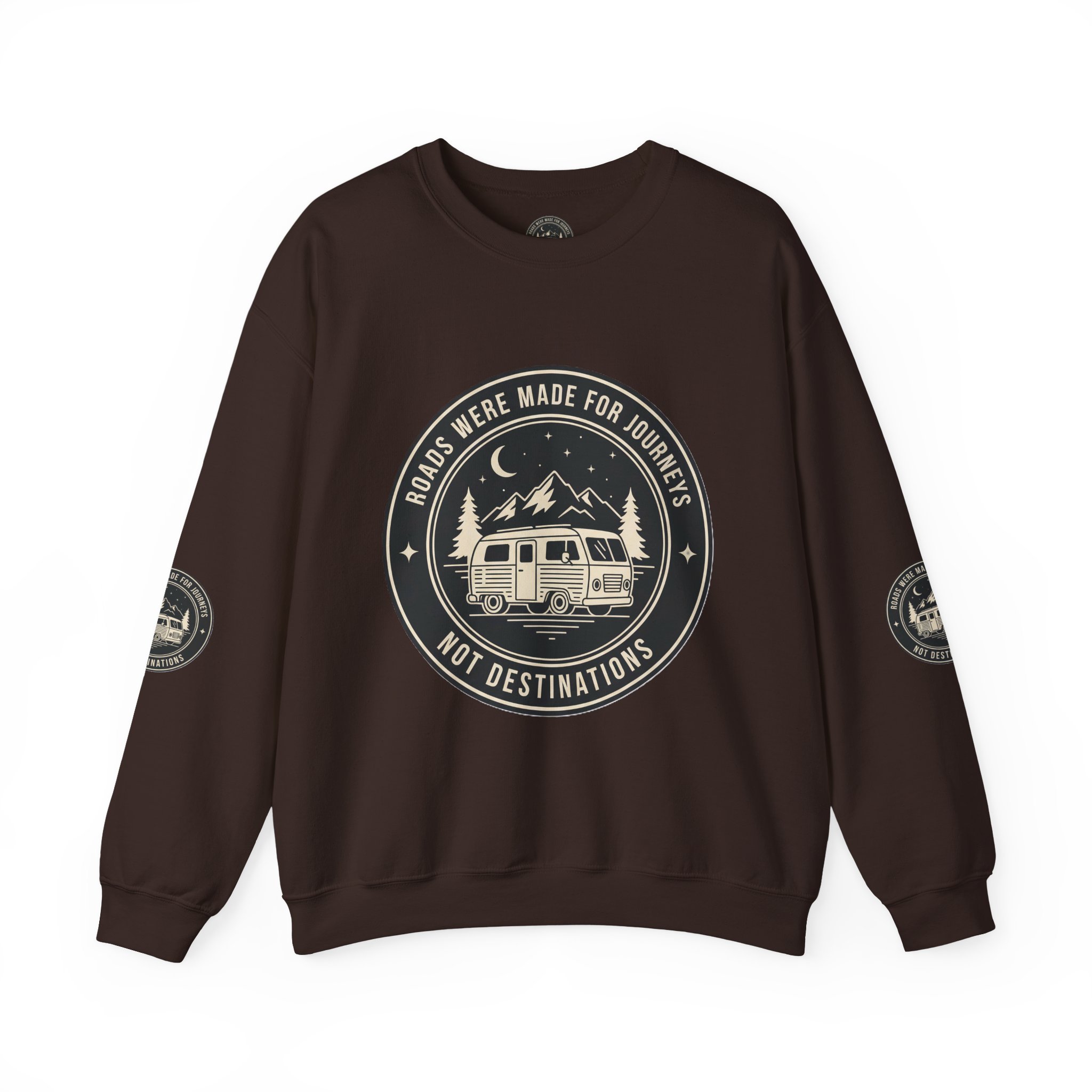 Crewneck Sweatshirt — "ROAD WHERE MADE FOR JOURNEYS-NOT DESTINATIONS" (Font + Back + Sleaves printed) Vintage Camper Van Outdoor Graphic
