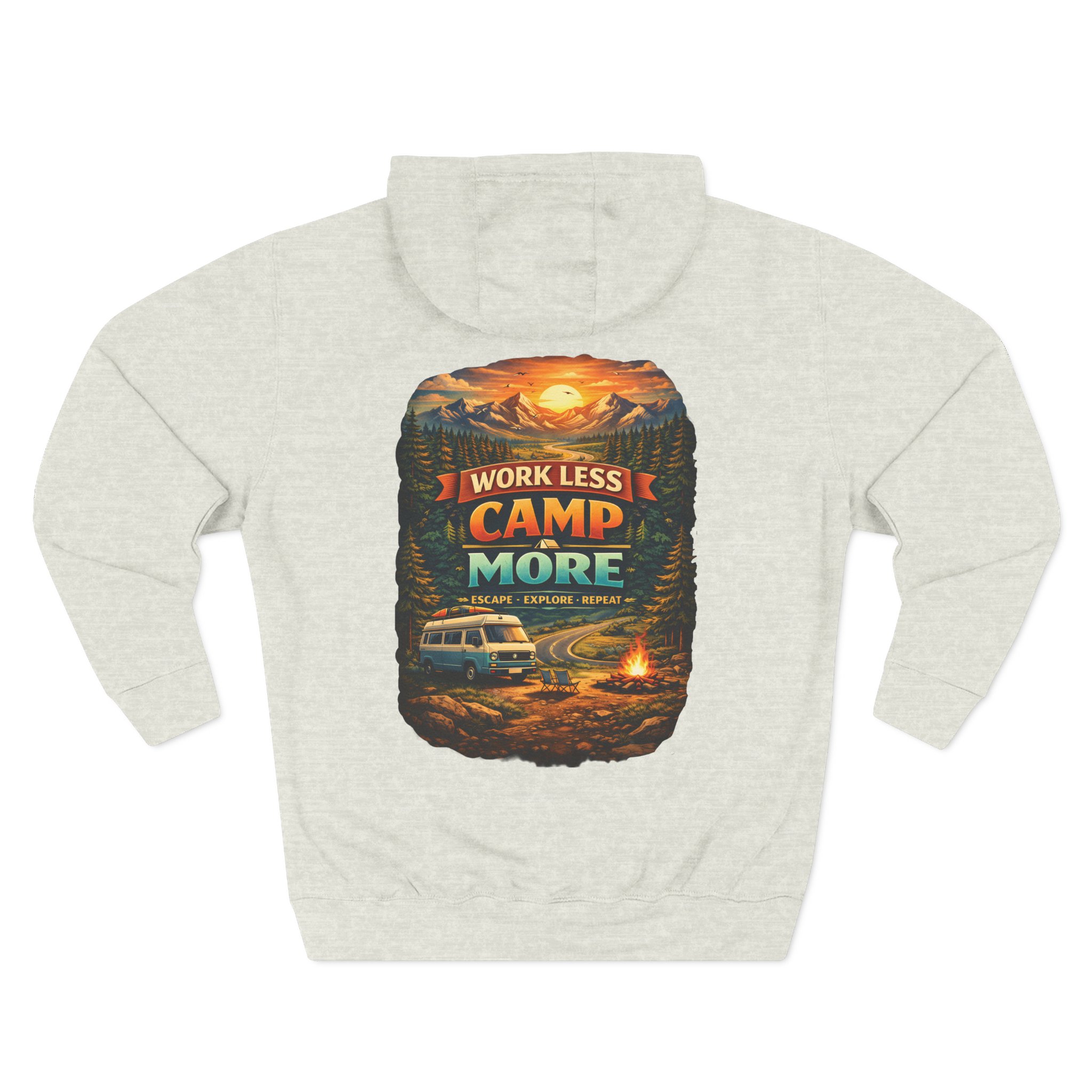 Three-Panel Fleece Hoodie - "Work Less-Camp More" Design Scenic-Line